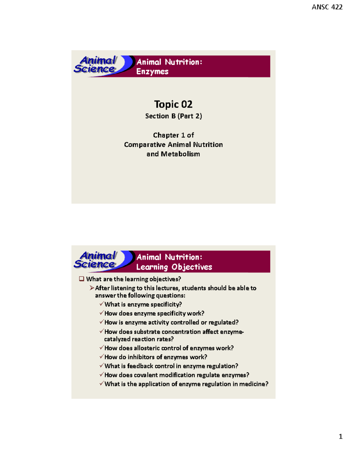 ANSC422 Topic 02b2 F22 Enzymes 2 Notes - Animal Nutrition: Enzymes ...