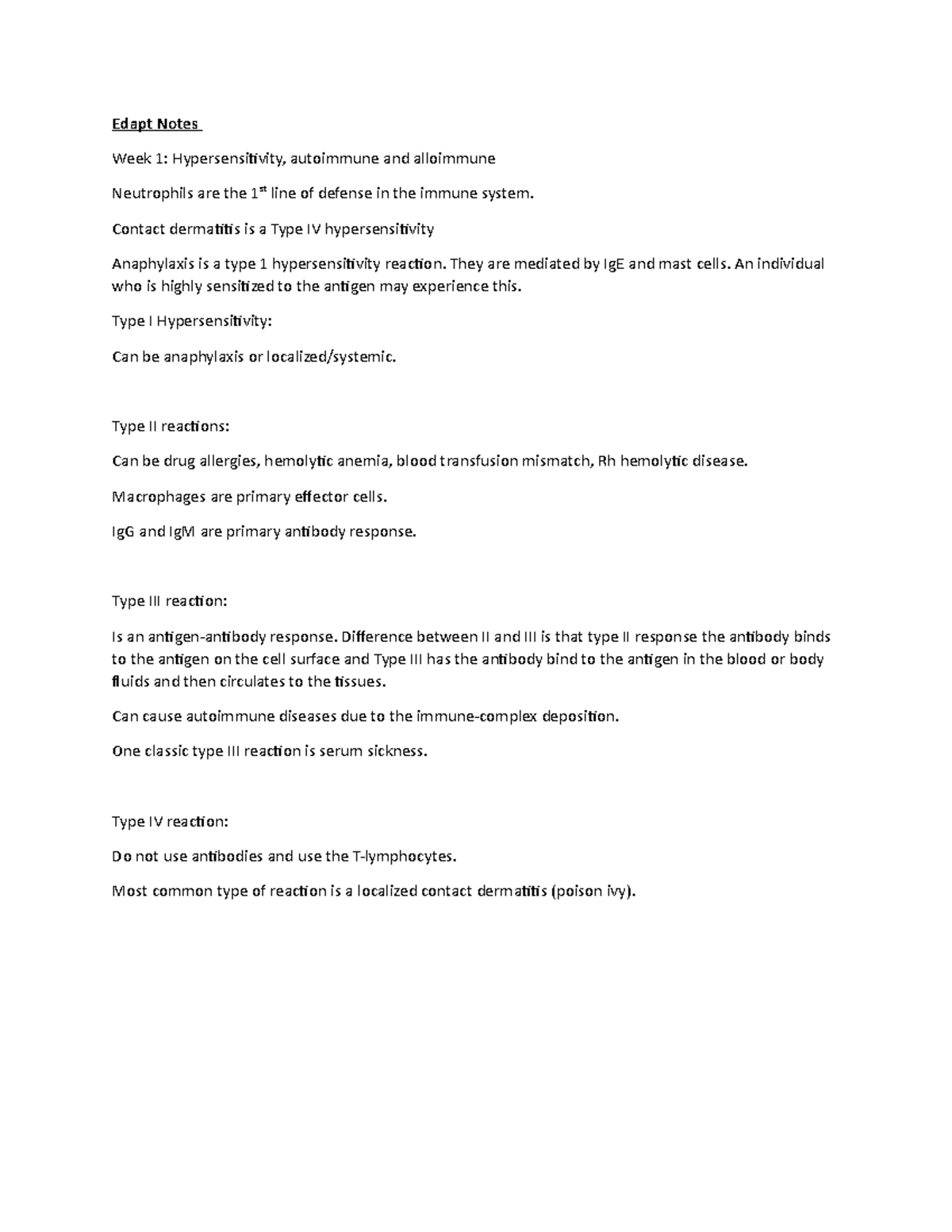 Edapt questions Edapt Notes Week 1 Hypersensitivity, autoimmune and