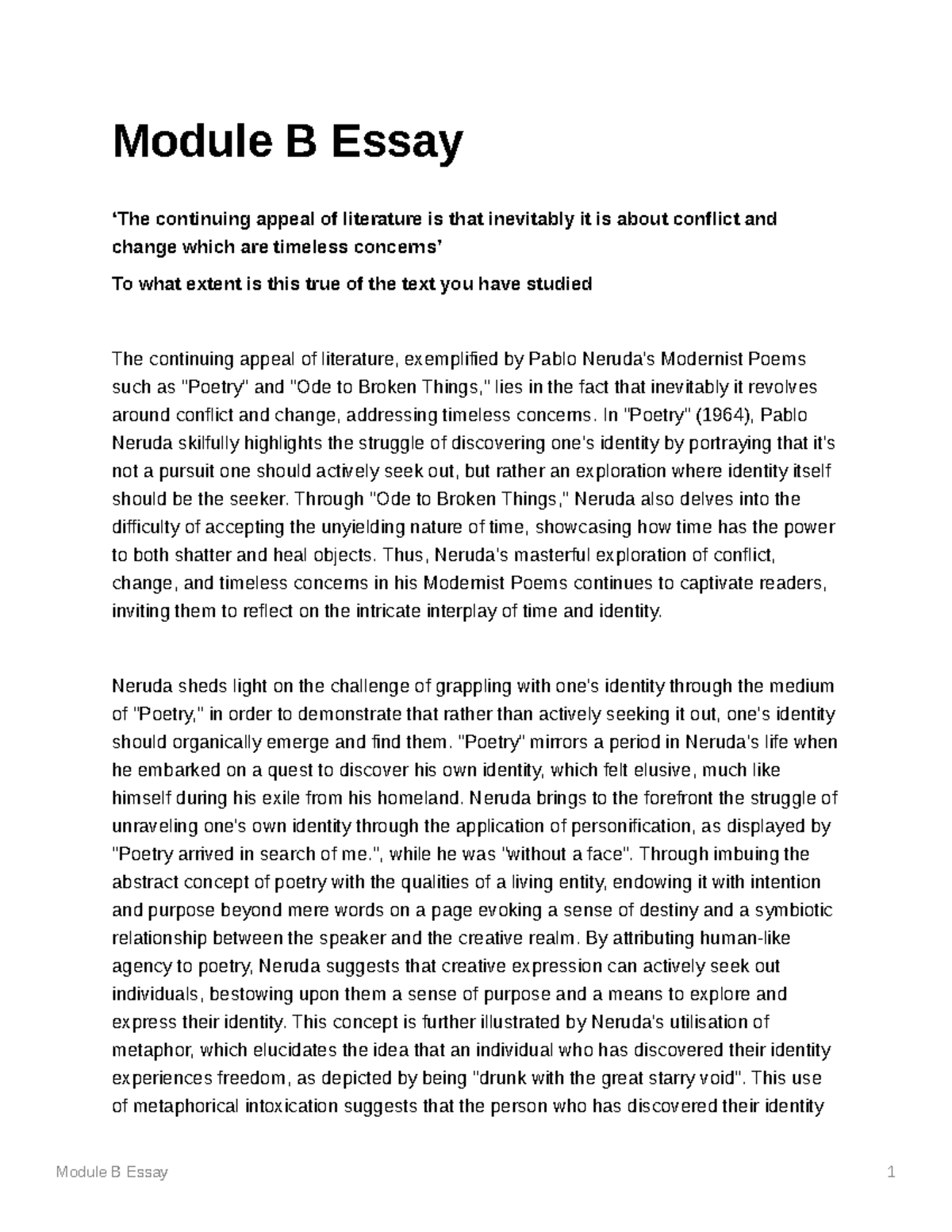 Essay on Pablo Neruda - Module B Essay 1 Module B Essay ‘The continuing ...