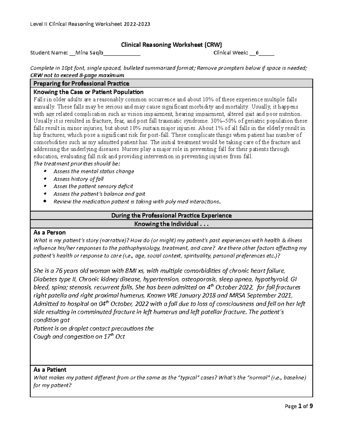 Clinical Reasoning Woksheet.Revised MR - Clinical Reasoning Worksheet ...