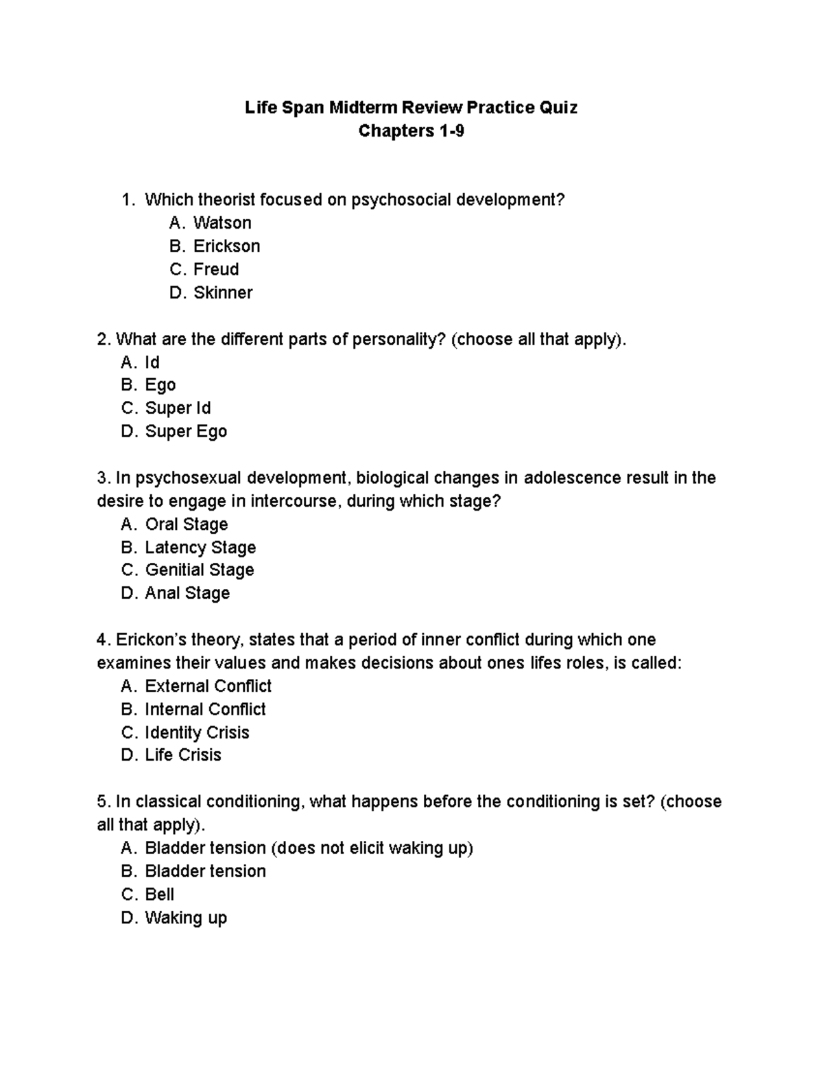 Life Span Midterm Review Practice Quiz - Life Span Midterm Review ...