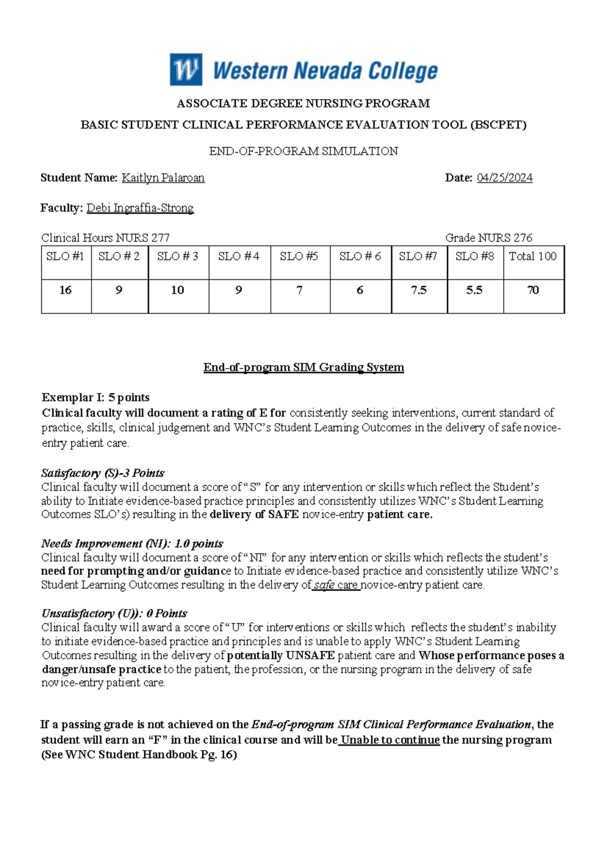 EOP Grading Rubric Students Rating - ASSOCIATE DEGREE NURSING PROGRAM ...
