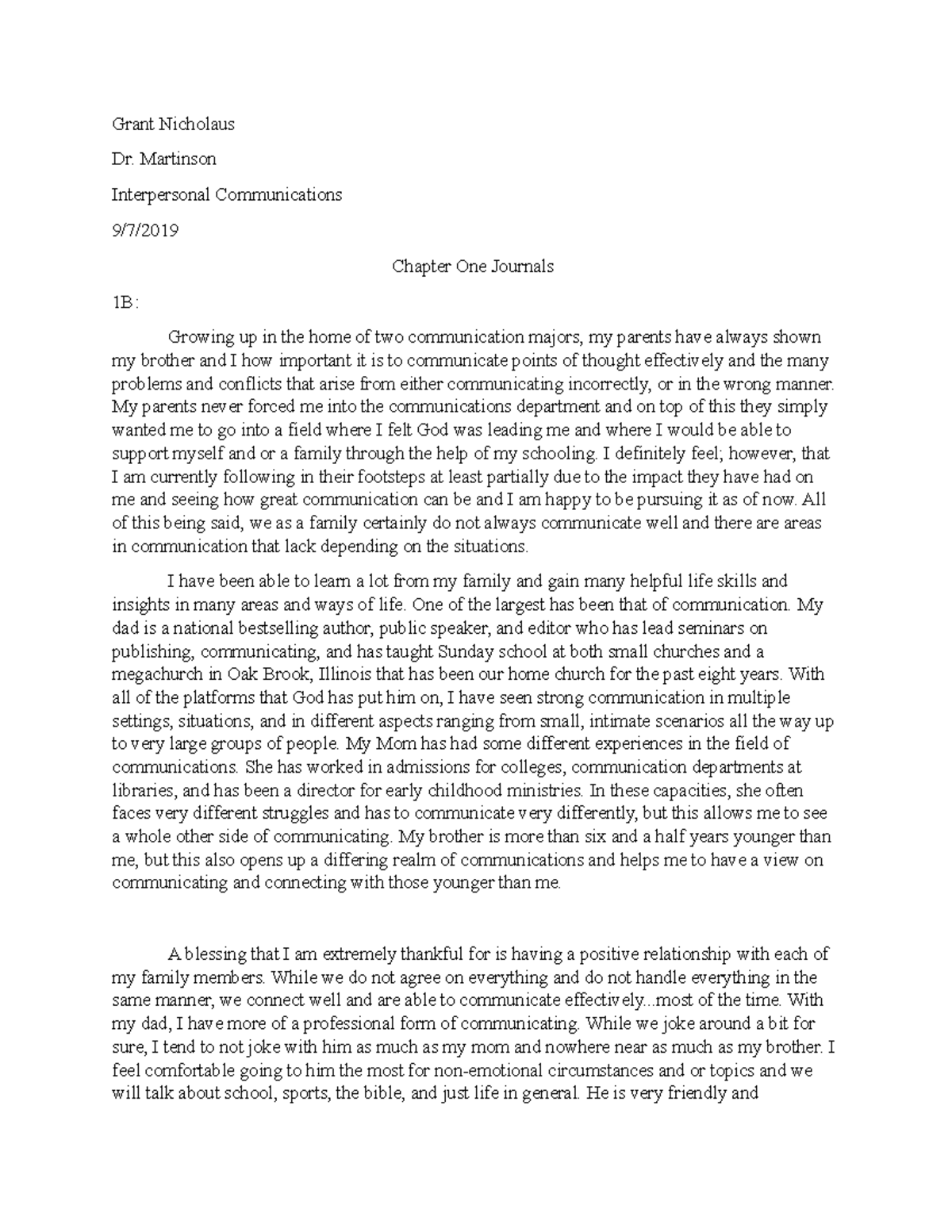 COMM Journal - Grade: A- Grant Nicholaus Dr. Martinson Interpersonal ...