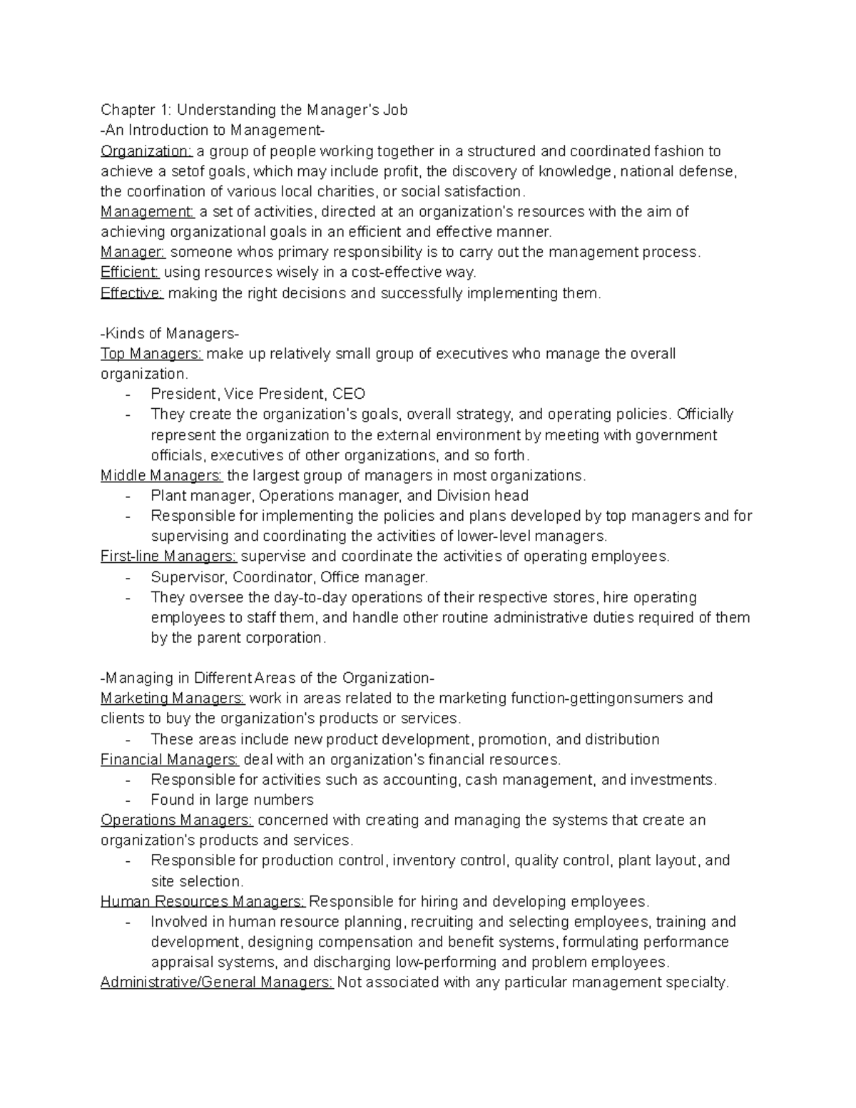 MAN3025 Chapter 1 Notes - Chapter 1: Understanding the Manager’s Job ...