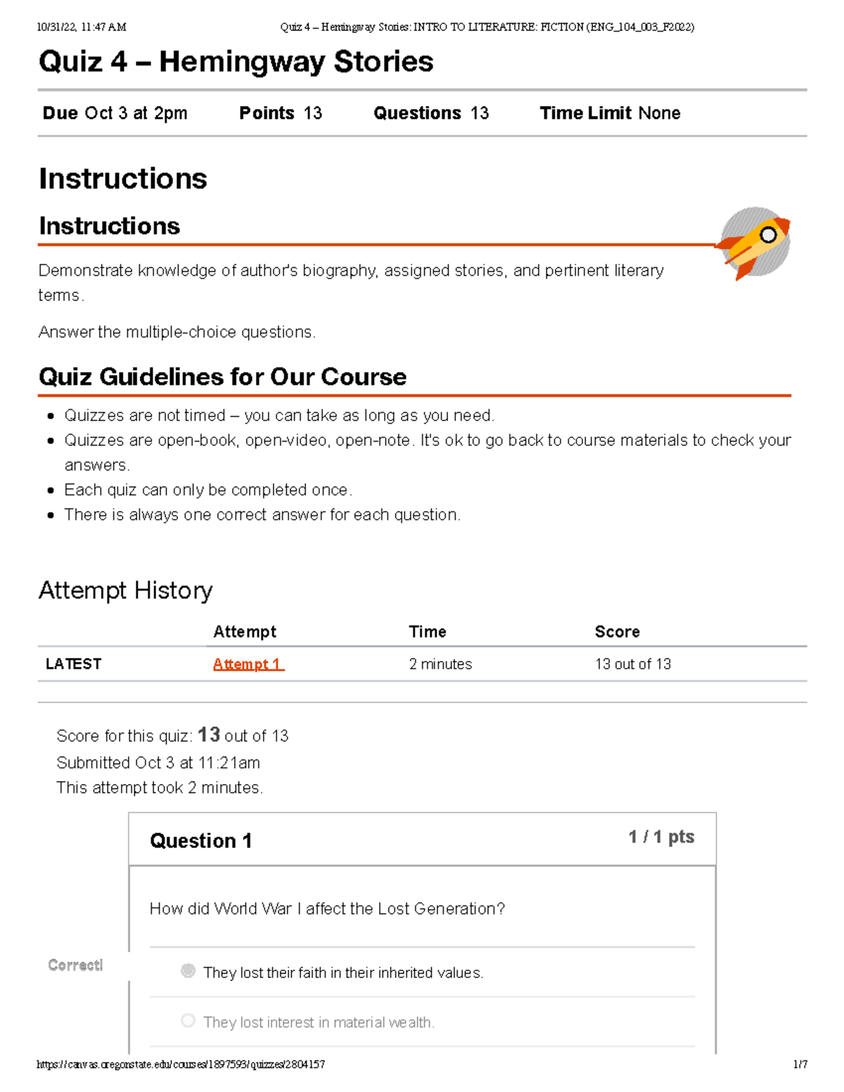 Quiz 4 – Hemingway Stories Intro TO Literature Fiction (ENG 104 003 ...