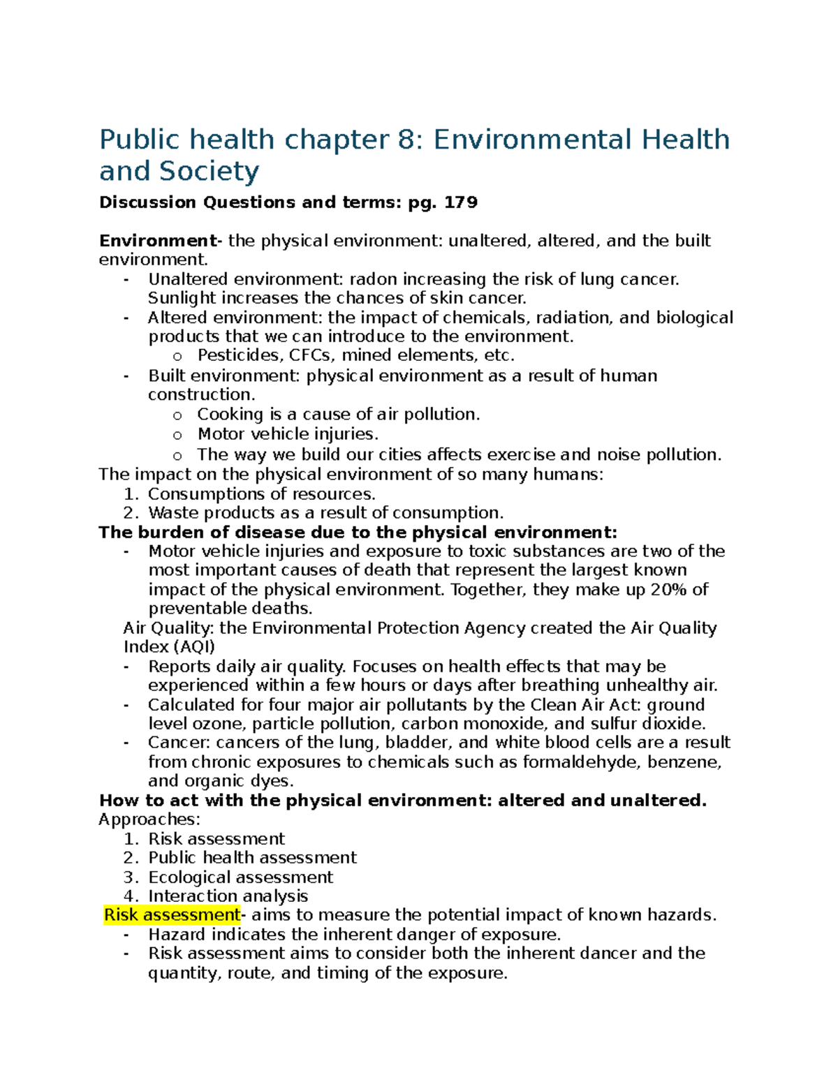 Public health exam 2 - Public health chapter 8: Environmental Health ...