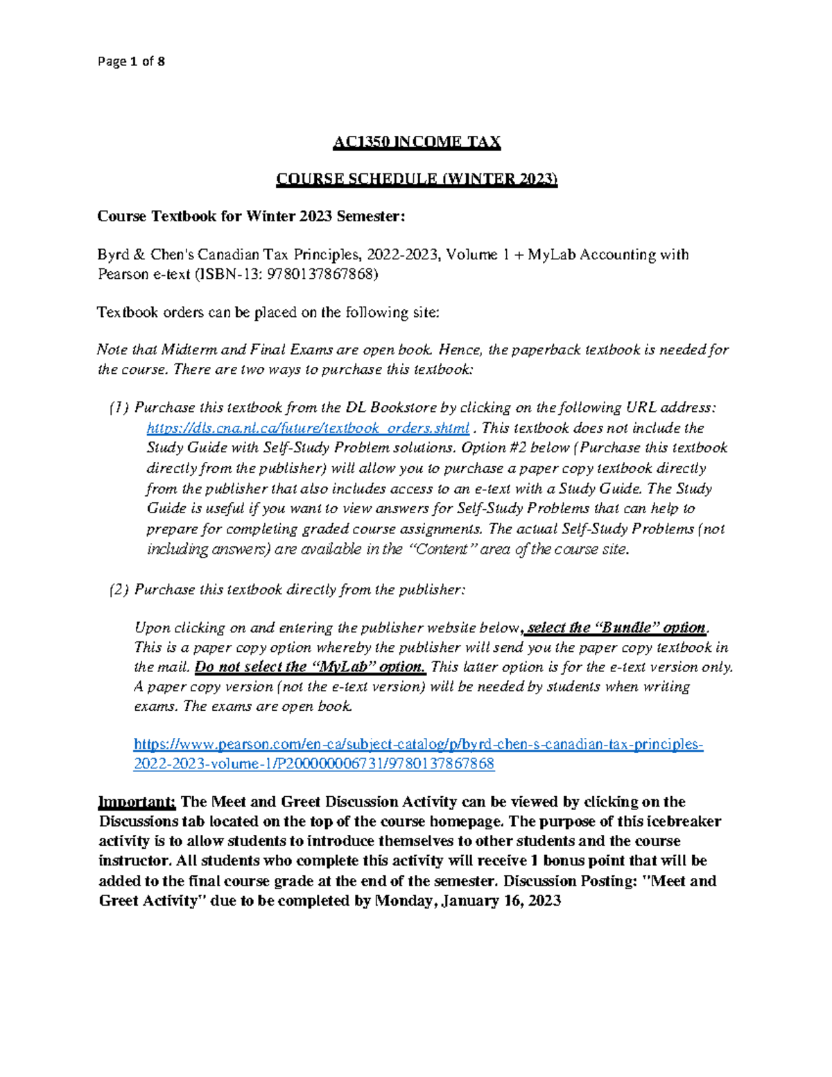AC1350 Course Schedule Winter 2023 - AC1350 INCOME TAX COURSE SCHEDULE ...
