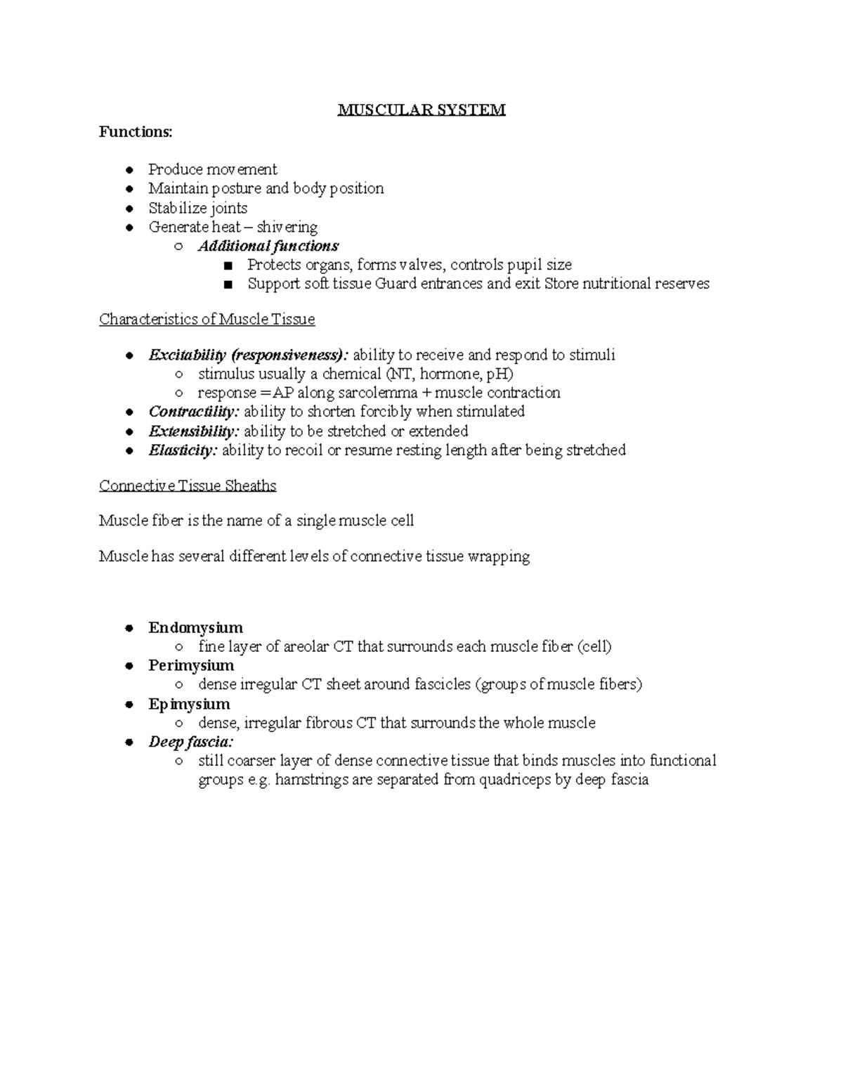Second midterm NOTES - MUSCULAR SYSTEM Functions: Produce movement ...
