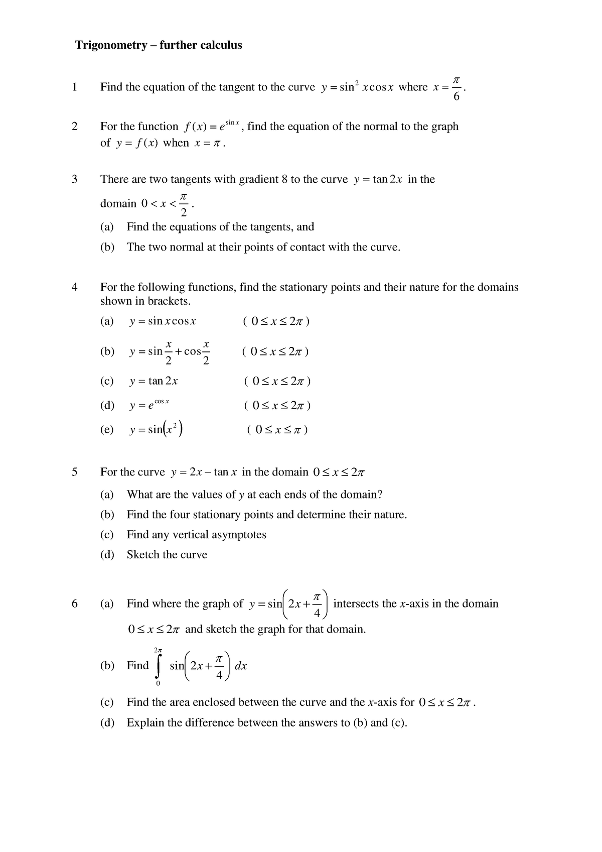 Further Trig Calculus - Trigonometry – Further Calculus 1 Find The 