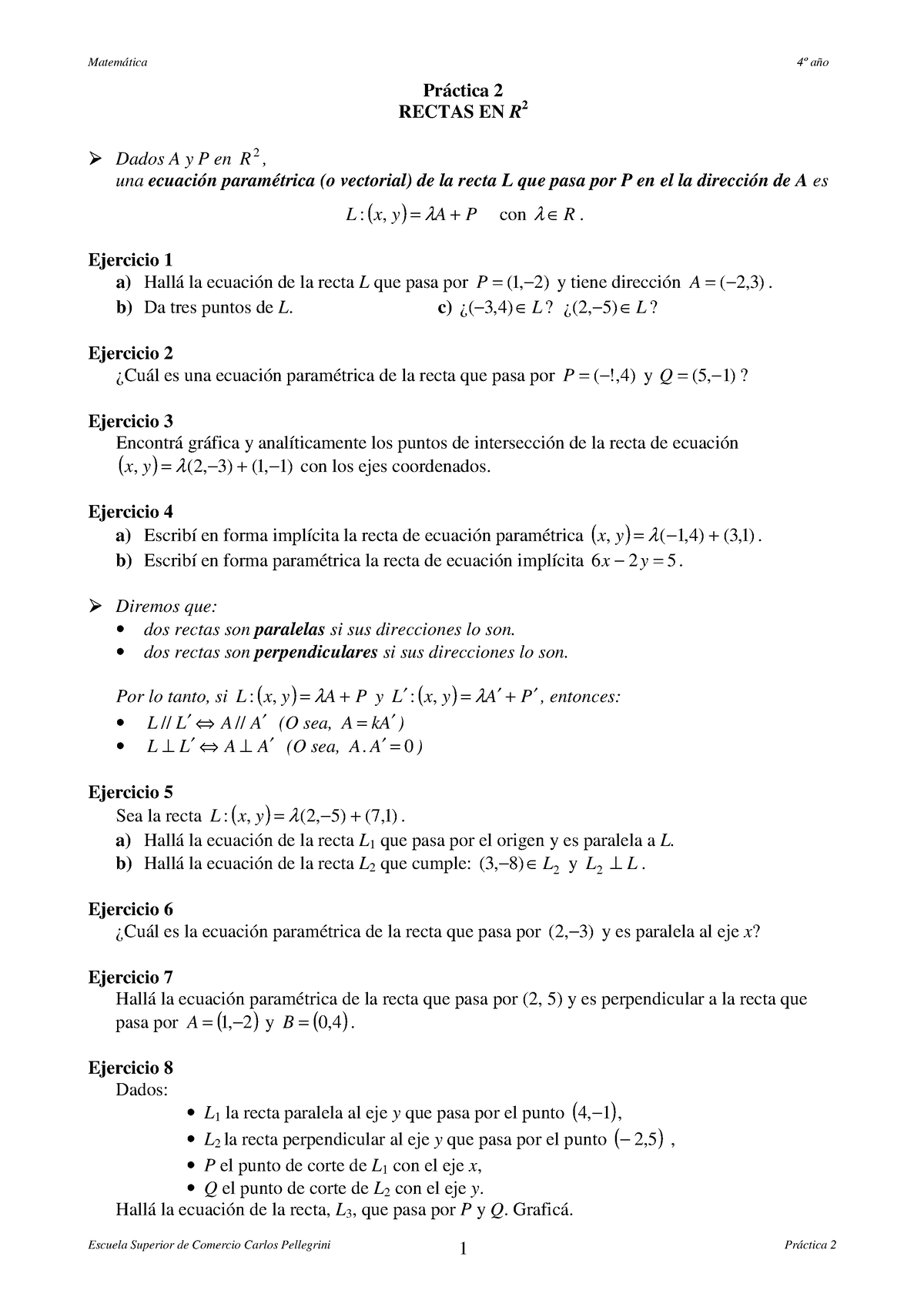 Pr Actica 2 -Rectas En R2 - Matemática 4º Año Escuela Superior De ...