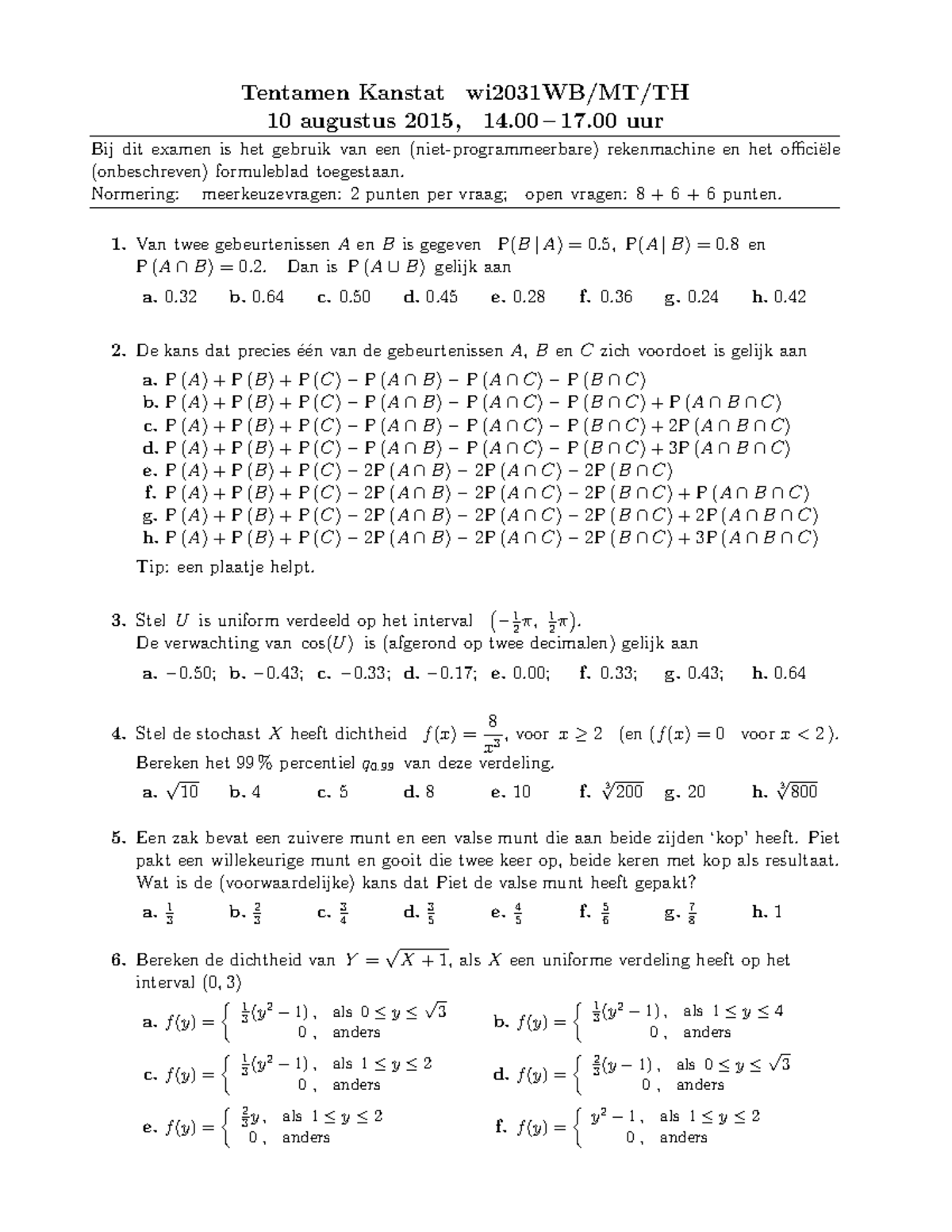 Probability And Statistics Tentamen 27 Oktober 14 Vragen En Antwoorden Studeersnel