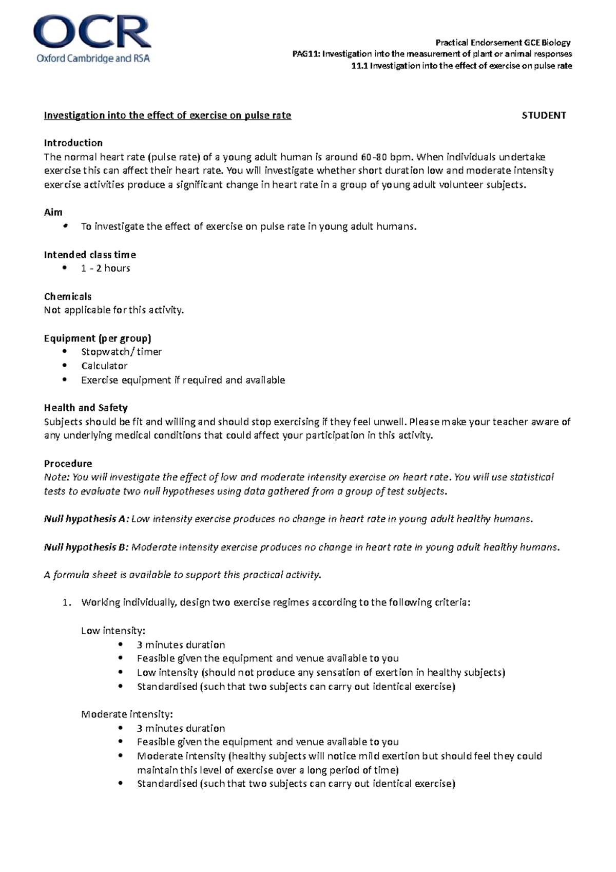 PAG11.1 Student Exercise and Pulse Rate v0 - Practical Endorsement GCE ...