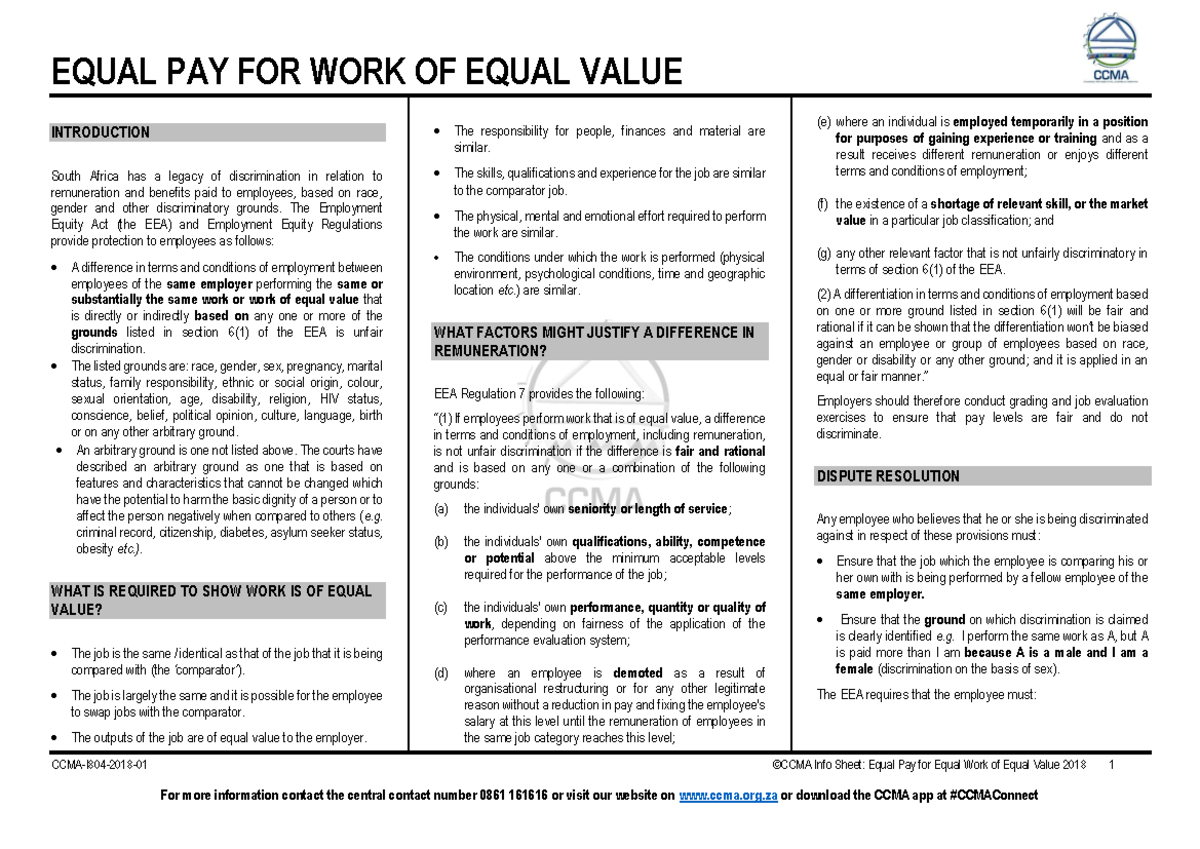 Equal Pay for Work of Equal Value 2018 01 - EQUAL PAY FOR WORK OF EQUAL ...