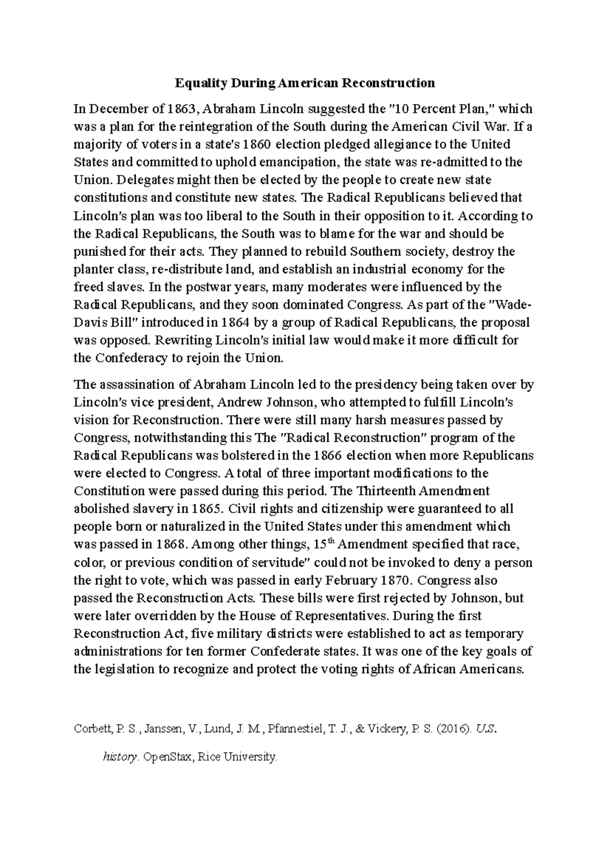 Equality During American Reconstruction - If a majority of voters in a ...