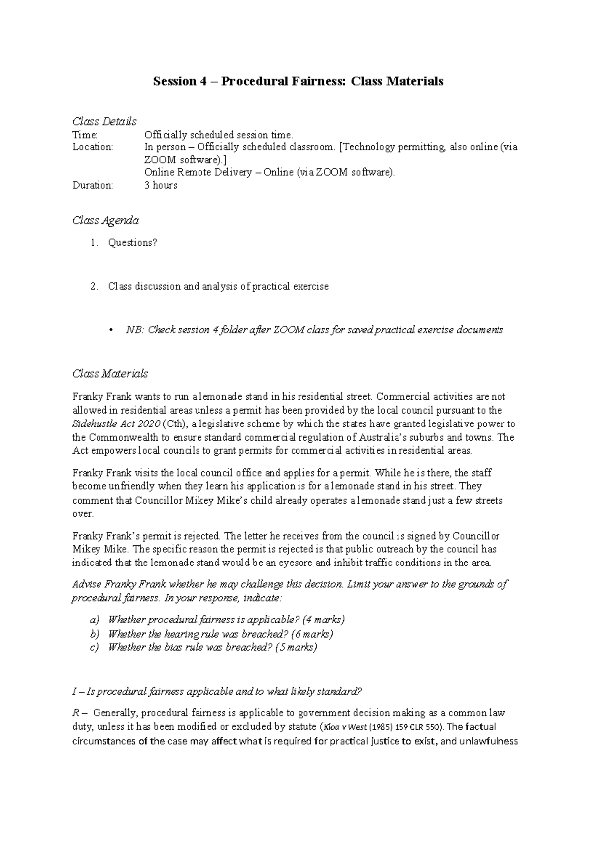 LLW3000 Session 4 Procedural Fairness - Session 4 – Procedural Fairness ...