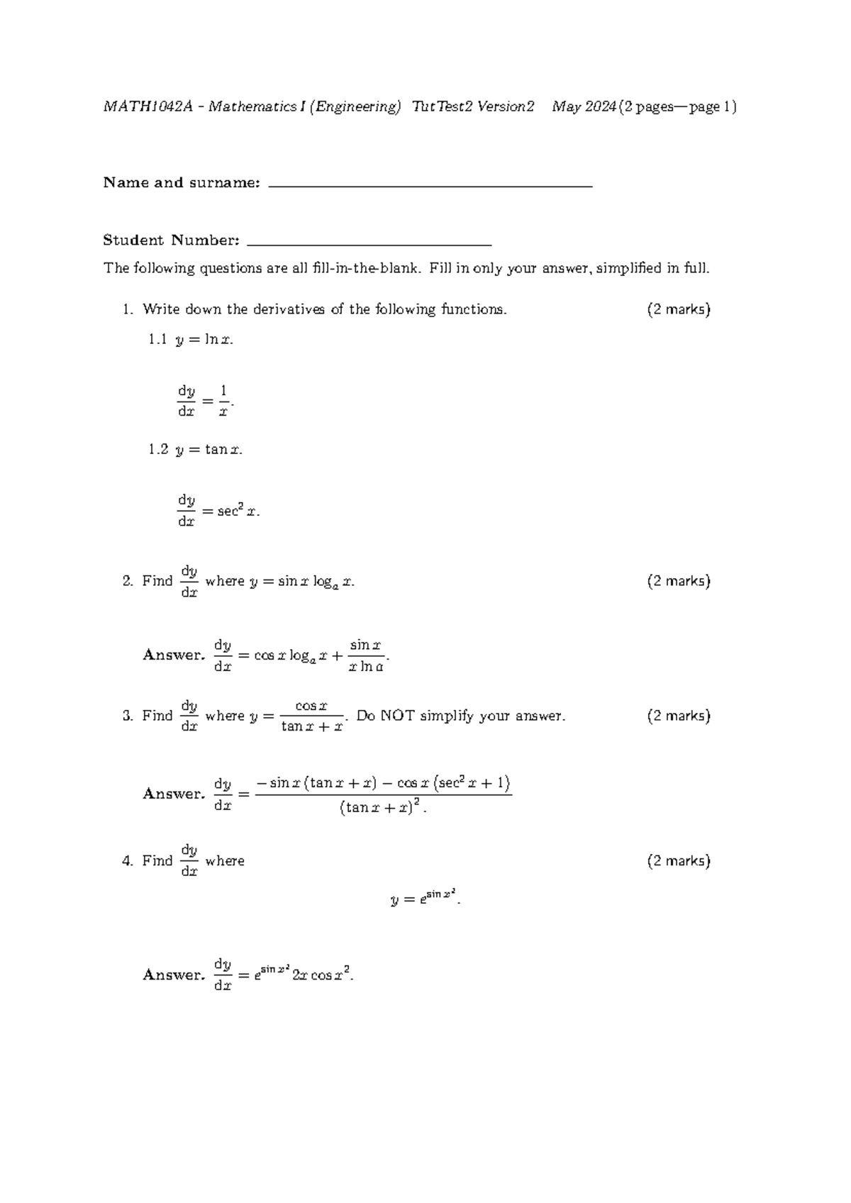 MATH1042 tut test2 memov 2 - MATH1042A – Mathematics I (Engineering ...