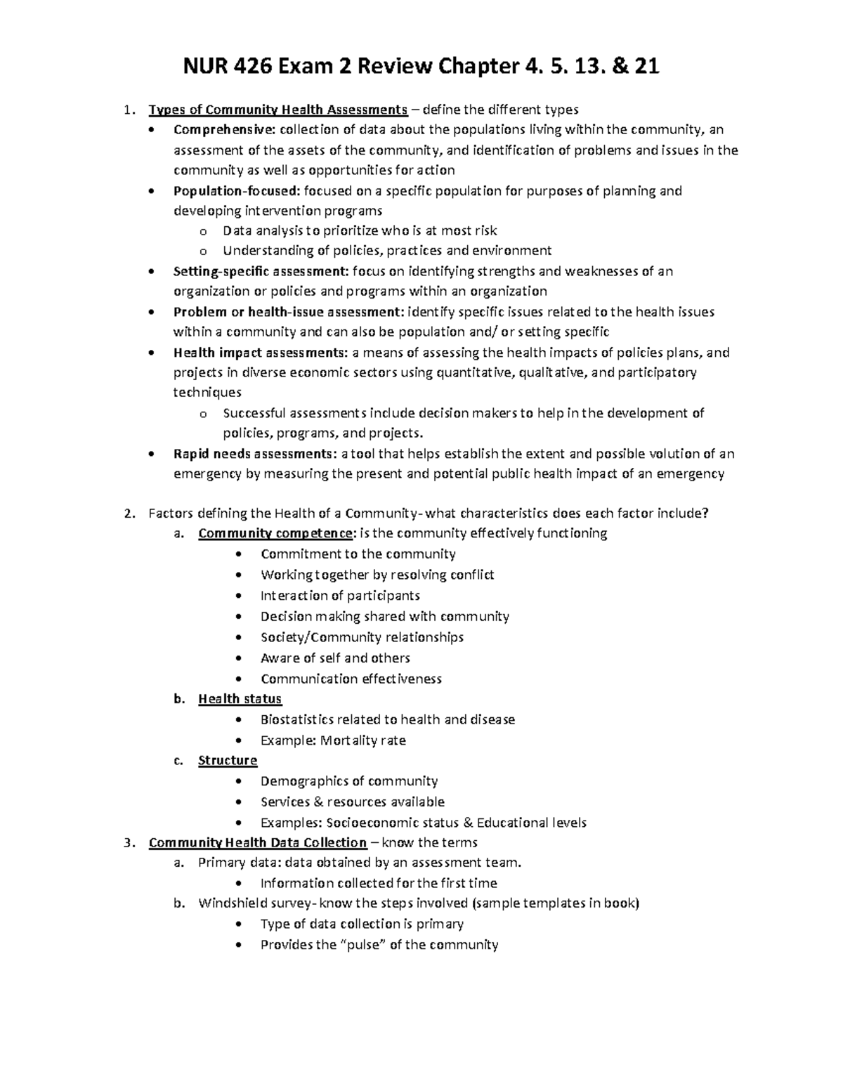 NUR 426 Exam 2 review sheet summer 2022 - Types of Community Health ...