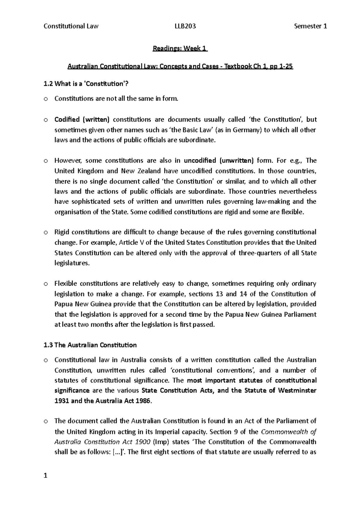 Readings - Week 1 - Readings: Week 1 Australian Constitutional Law ...