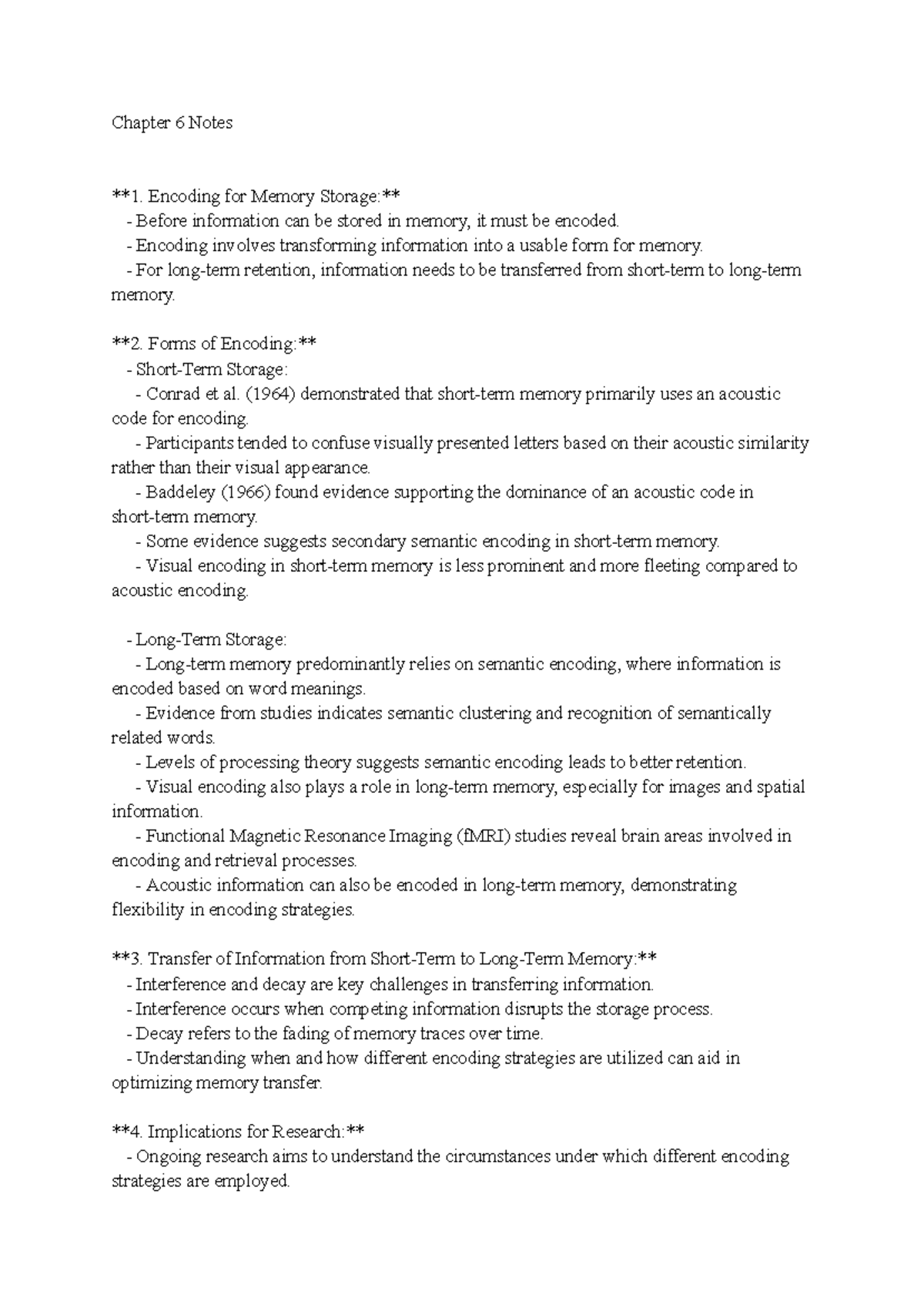 Psyc2008 chapter 6 notes - Chapter 6 Notes 1. Encoding for Memory ...