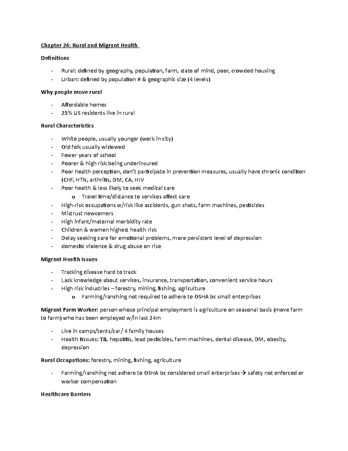 N420 Exam 2 Lecture Notes Chapter 24 Rural And Migrant Health 