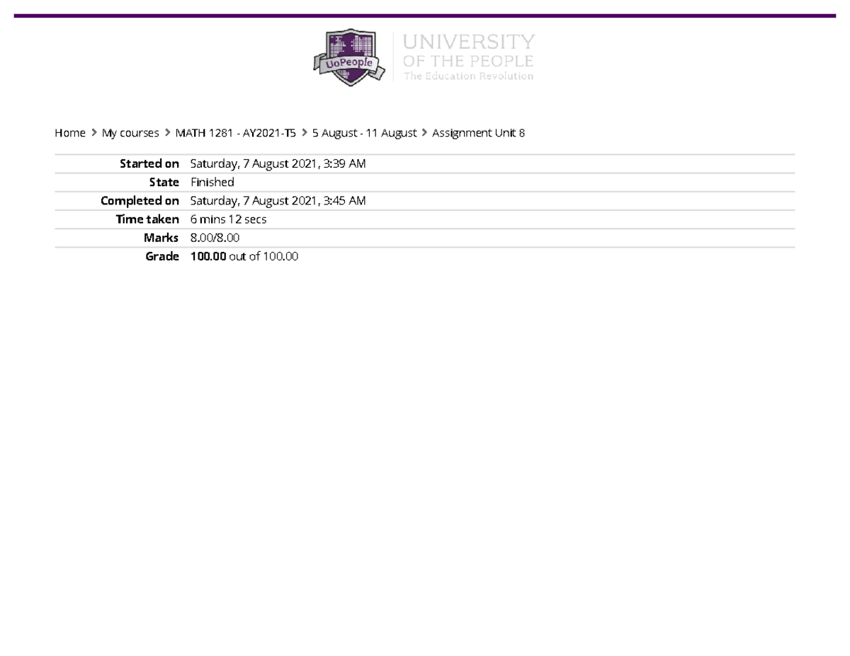 Assignment Unit 8 Attempt review - Started on Saturday, 7 August 2021 ...
