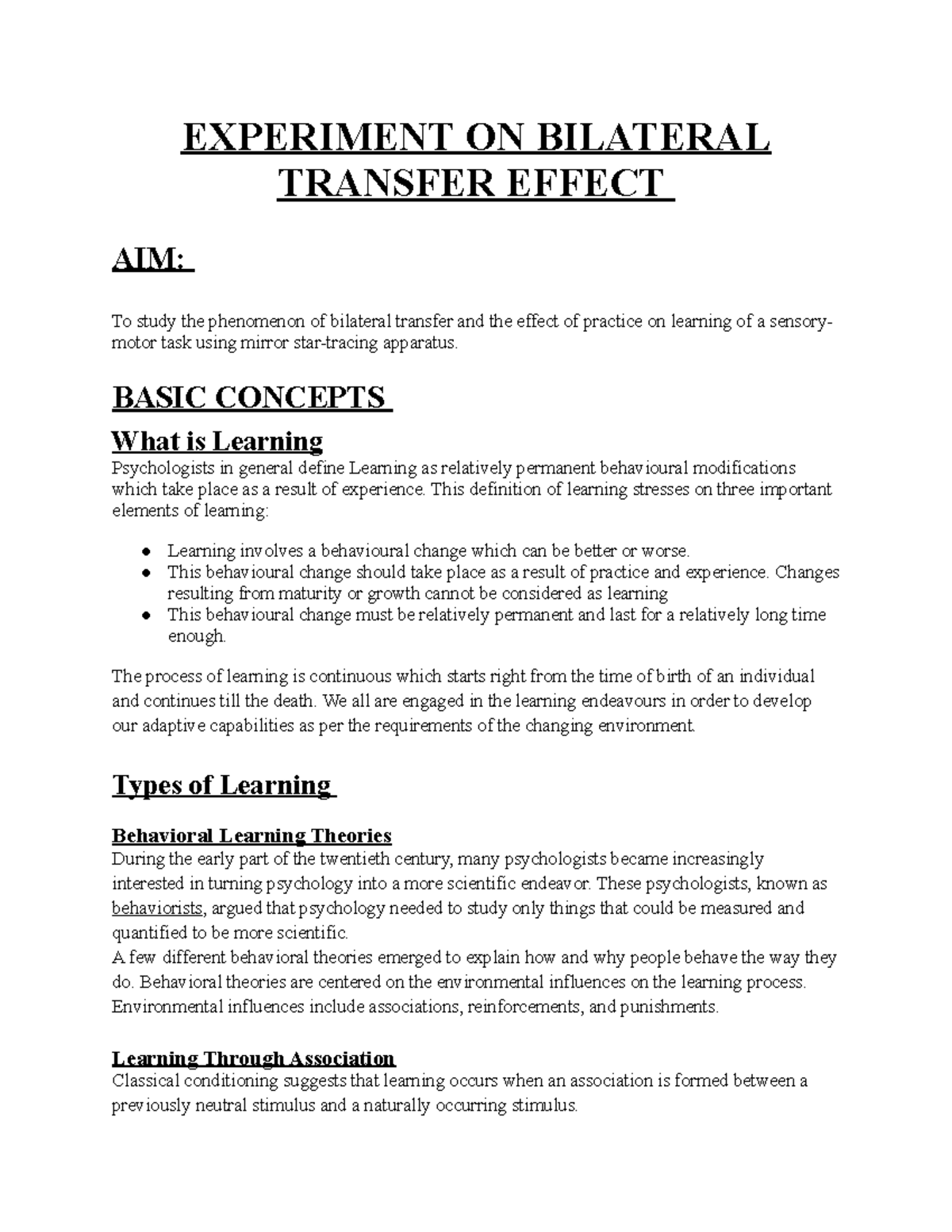 Experiment ON Bilateral Transfer Effect - Psychology Honours - Delhi ...