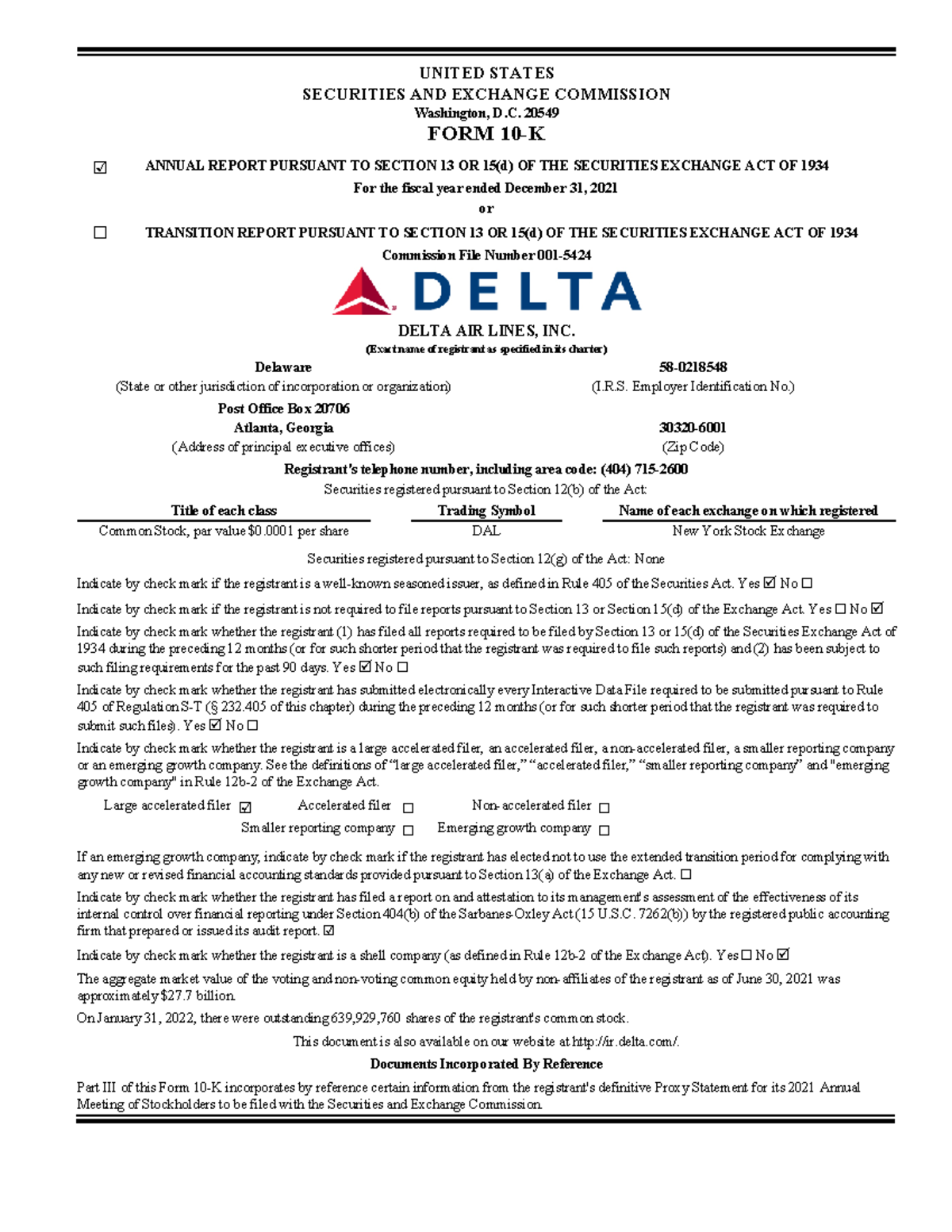 DAL 10k Delta 10K UNITED STATES SECURITIES AND EXCHANGE COMMISSION
