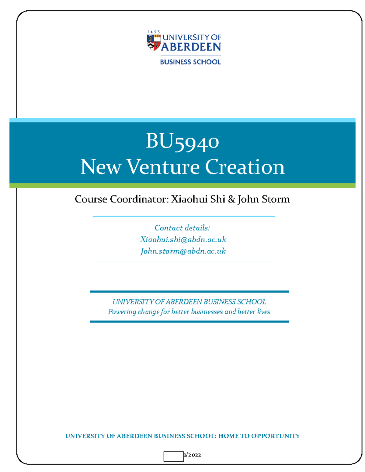 BU5940 New Venture Creation Course Guide UNIVERSITY OF ABERDEEN