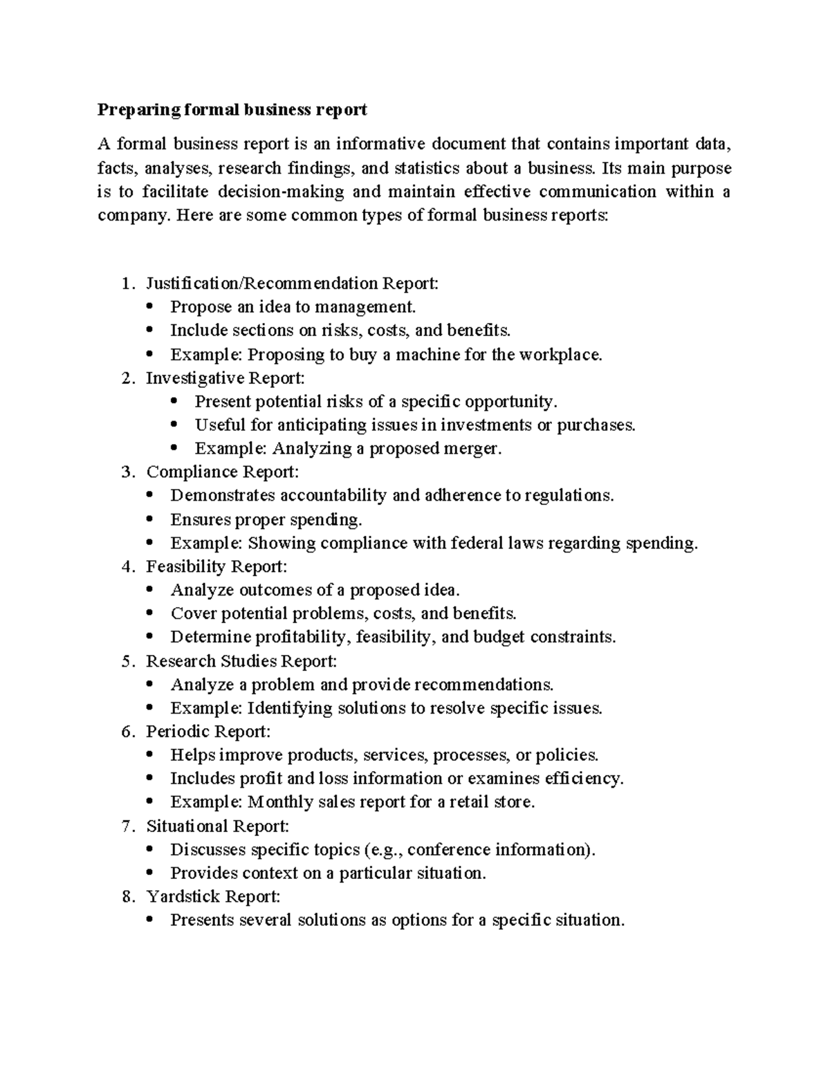 Preparing formal business report - Its main purpose is to facilitate ...