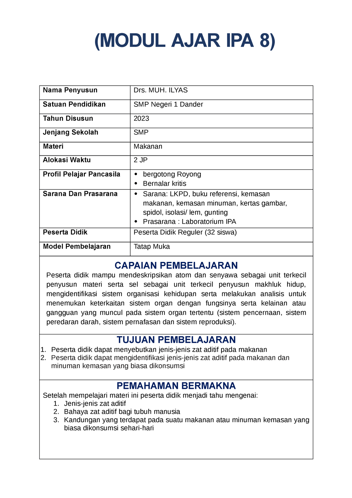 Modul AJAR ZAT Aditif EDIT - (MODUL AJAR IPA 8) Nama Penyusun Drs. MUH ...