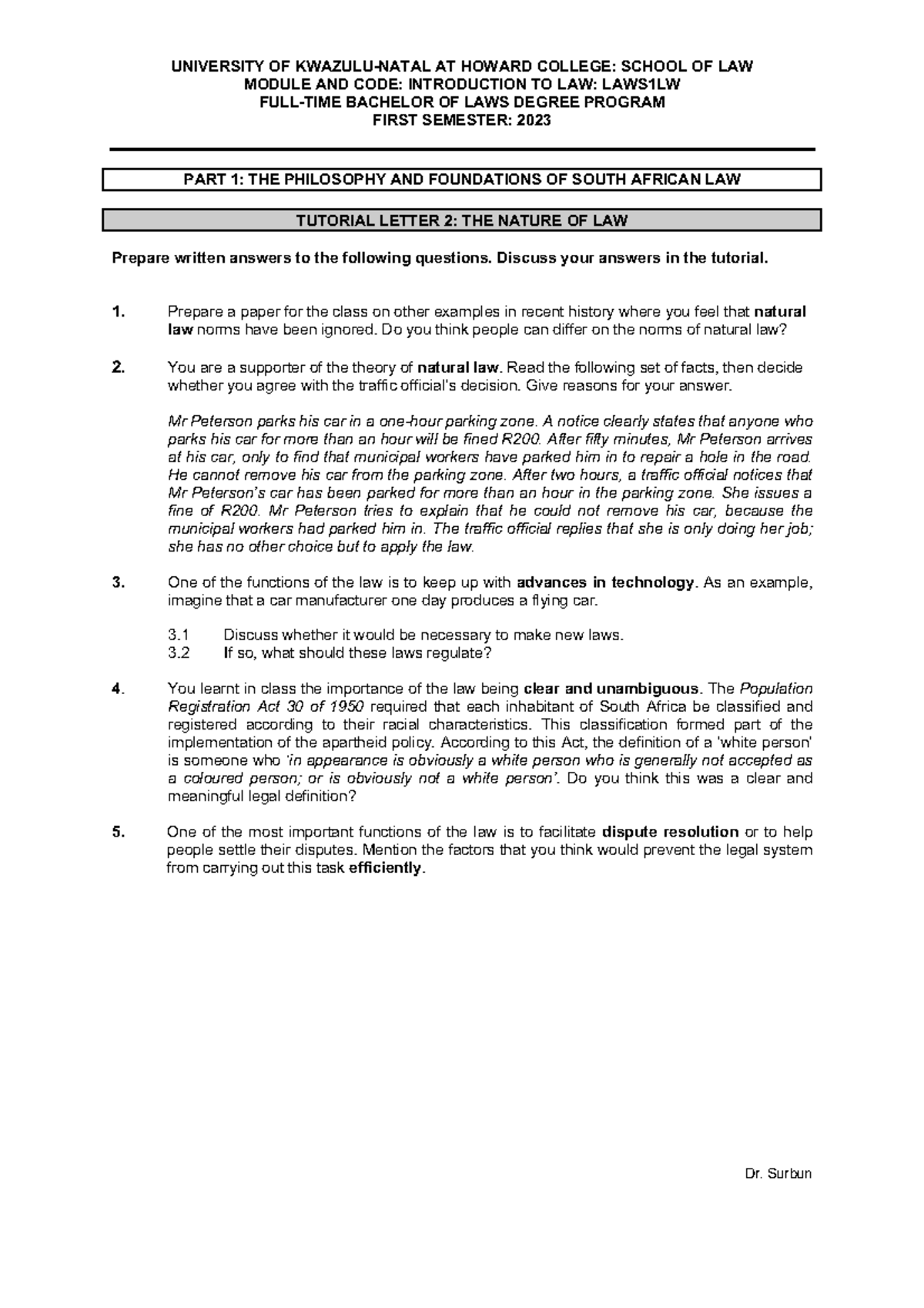 2023 PART 1 Tutorial 2 - UNIVERSITY OF KWAZULU-NATAL AT HOWARD COLLEGE ...