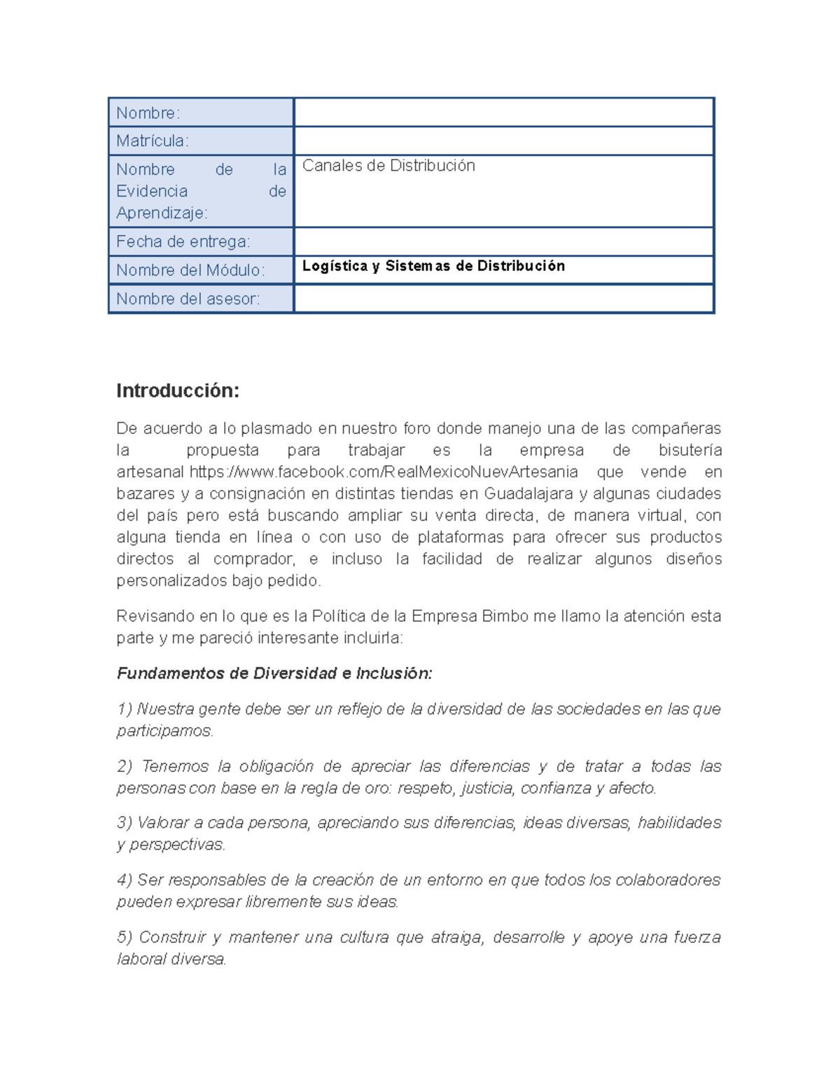 Canales DE Distribucion - Nombre: Matrícula: Nombre de la Evidencia de ...