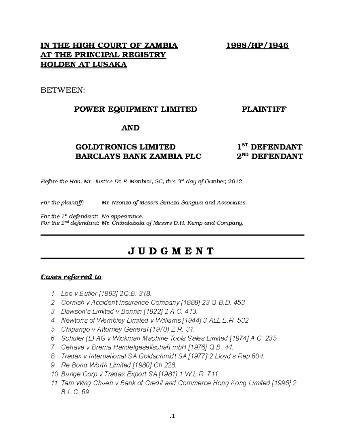 Power equipemnt limited v goldtronics IN THE HIGH COURT OF ZAMBIA