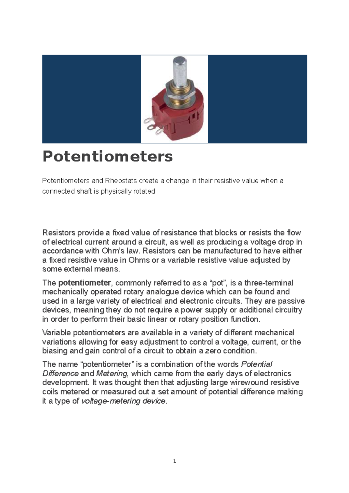 Potentiometers engineering Potentiometers Potentiometers and