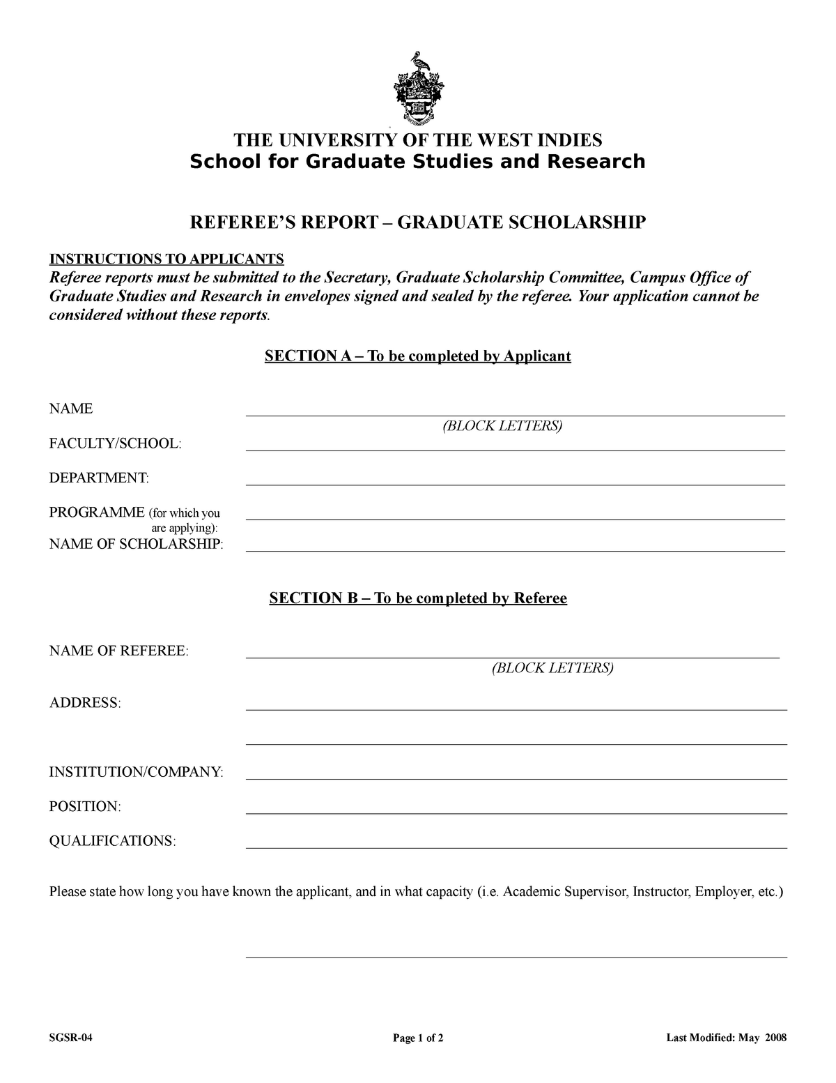 Referee Report Graduate Scholarship - THE UNIVERSITY OF THE WEST