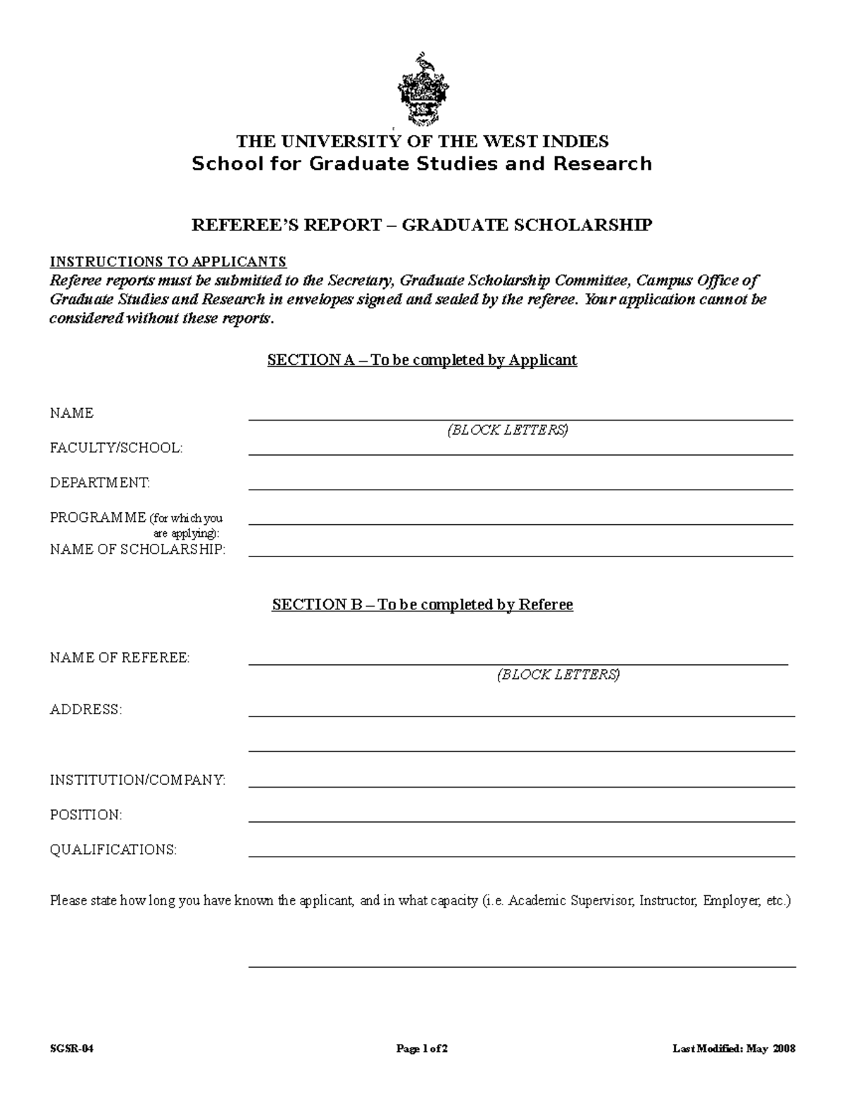 Referee Report Graduate Scholarship - THE UNIVERSITY OF THE WEST