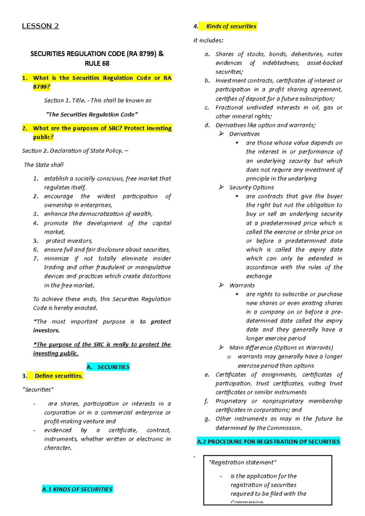 Securities Regulation Code (RA 8799) & RULE 68 - LESSON 2 SECURITIES ...