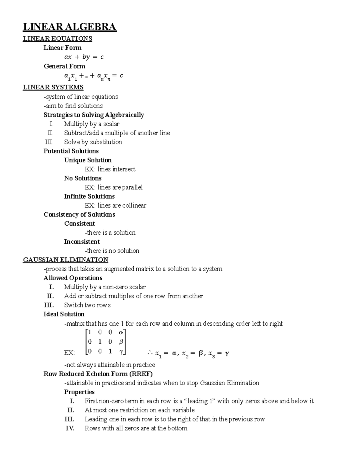 MATH133 Notes - LINEAR ALGEBRA LINEAR EQUATIONS Linear Form 𝑎𝑥 + 𝑏𝑦 = 𝑐 ...