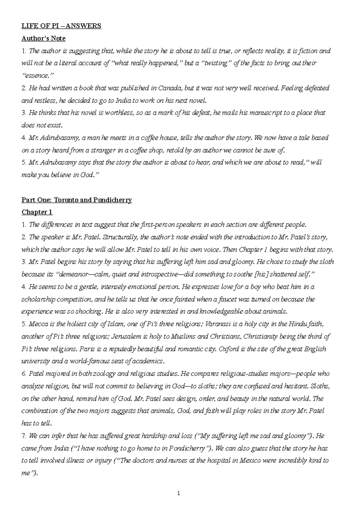 Life of Pi Answers exam questions LIFE OF PI ANSWERS Author’s