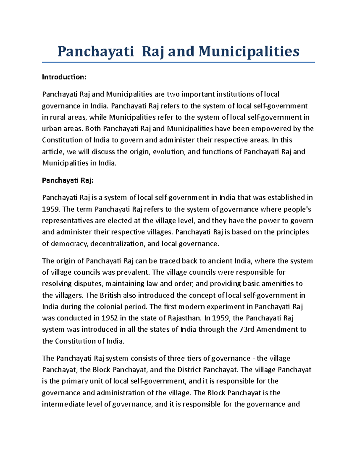 Panchayati Raj And Municipalities - Panchayati Raj And Municipalities ...