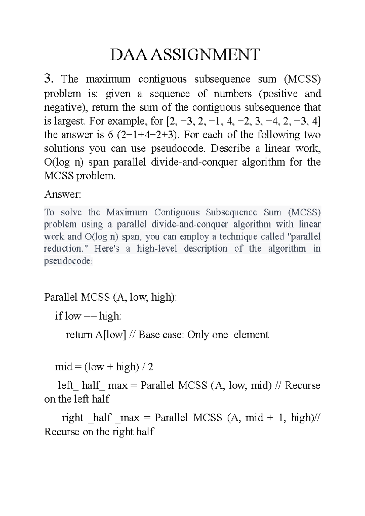 DAA Assignment - DAA ASSIGNMENT 3. The maximum contiguous subsequence ...