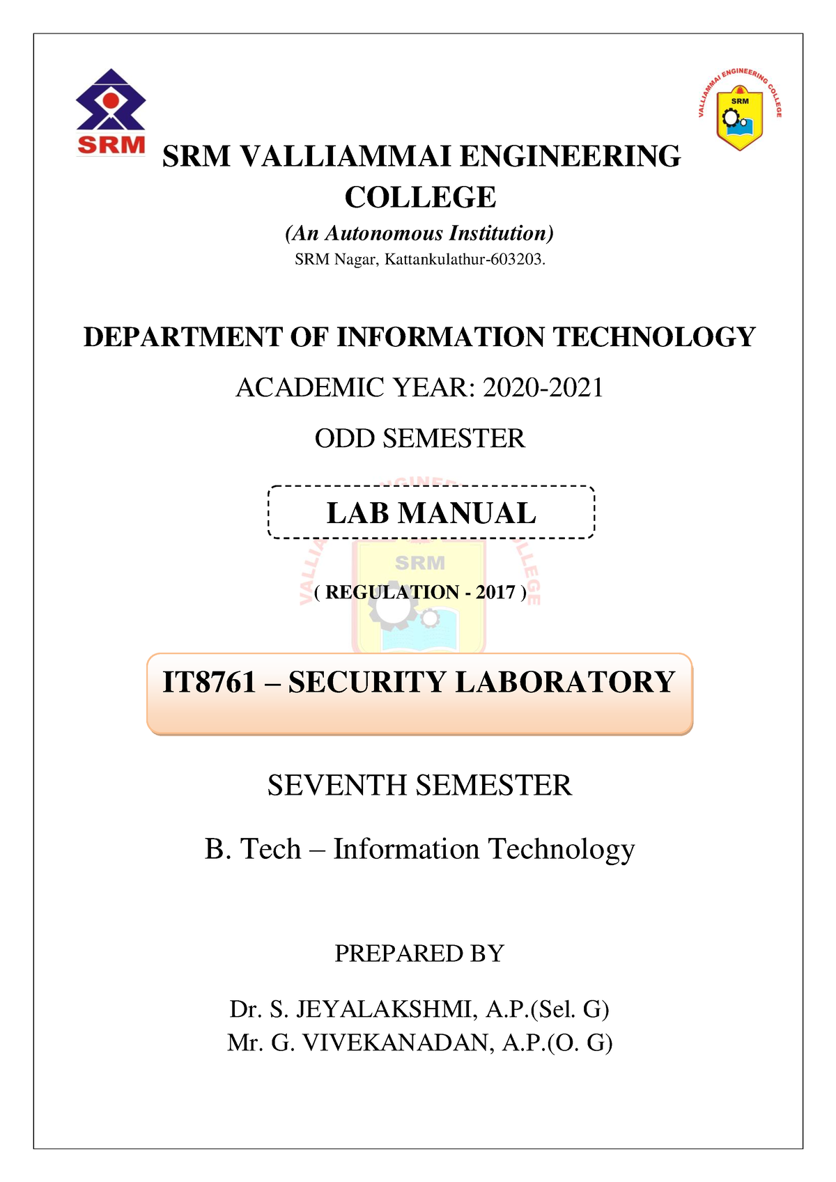 SRM-lab-manual - SRM VALLIAMMAI ENGINEERING COLLEGE (An Autonomous ...