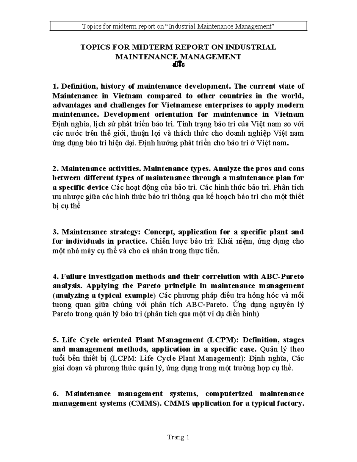 Maintenance Management Topics-revised - Topics for midterm report on ...