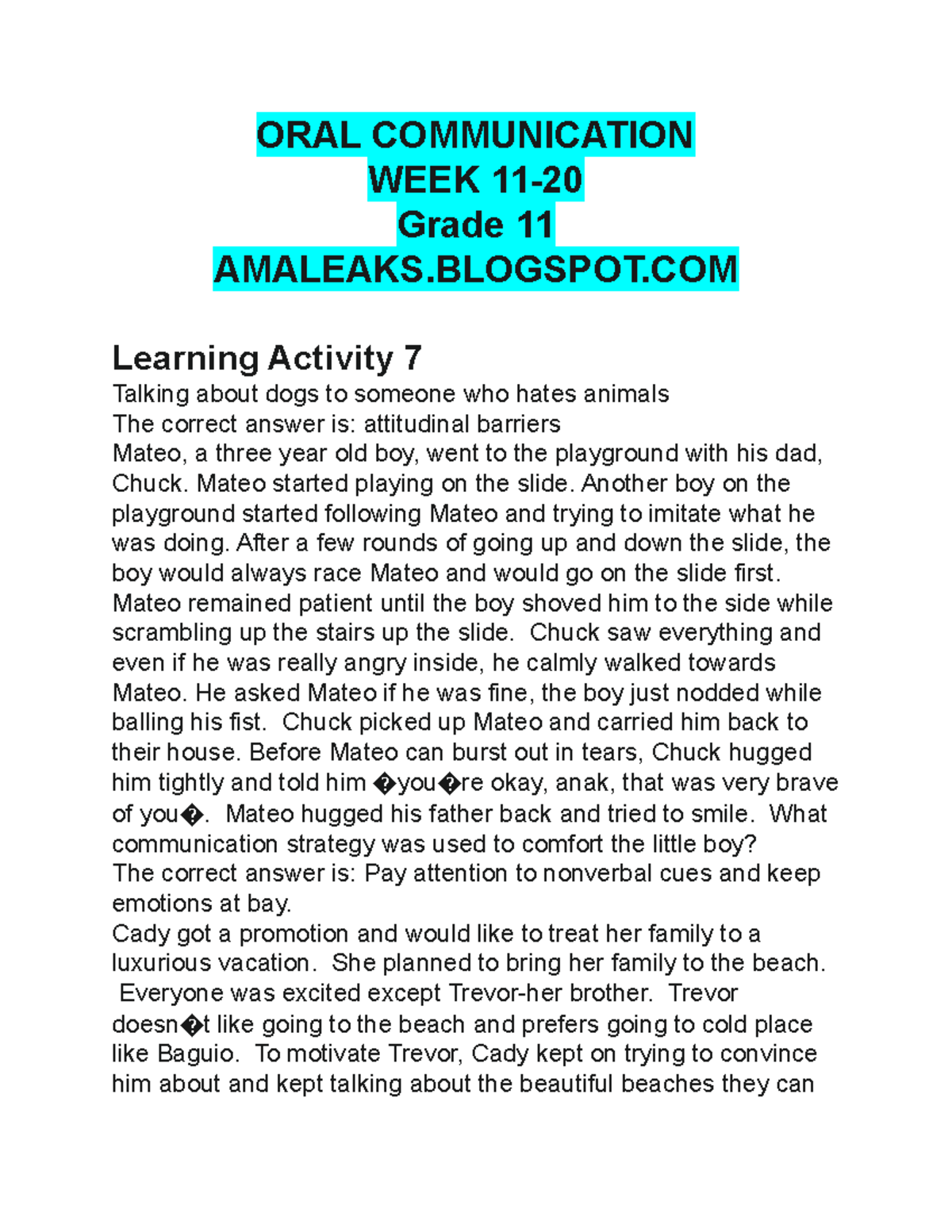 Oral Com AMA short quizzes ORAL COMMUNICATION WEEK 11 Grade 11