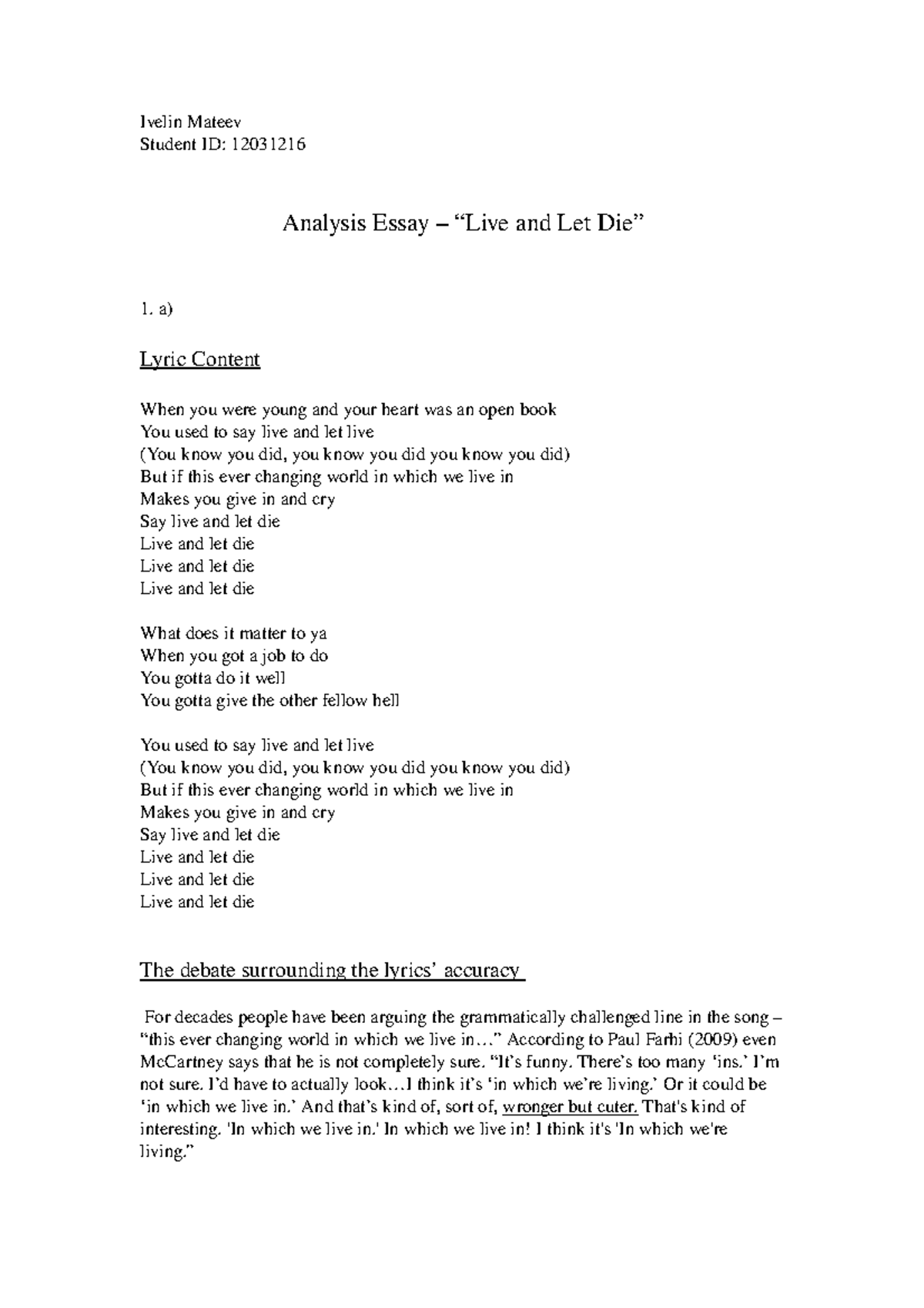 Analysis Essay Live And Let Die Studocu