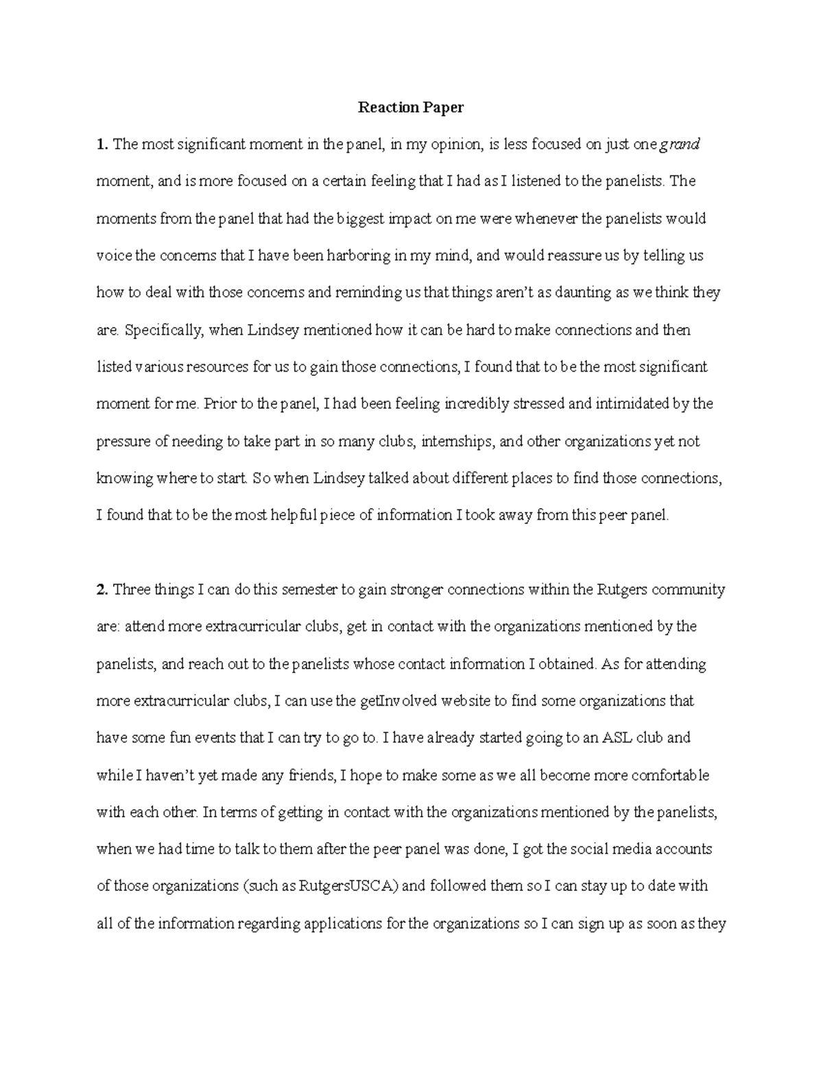Reaction Paper for Peer Panel - Reaction Paper 1. The most significant ...