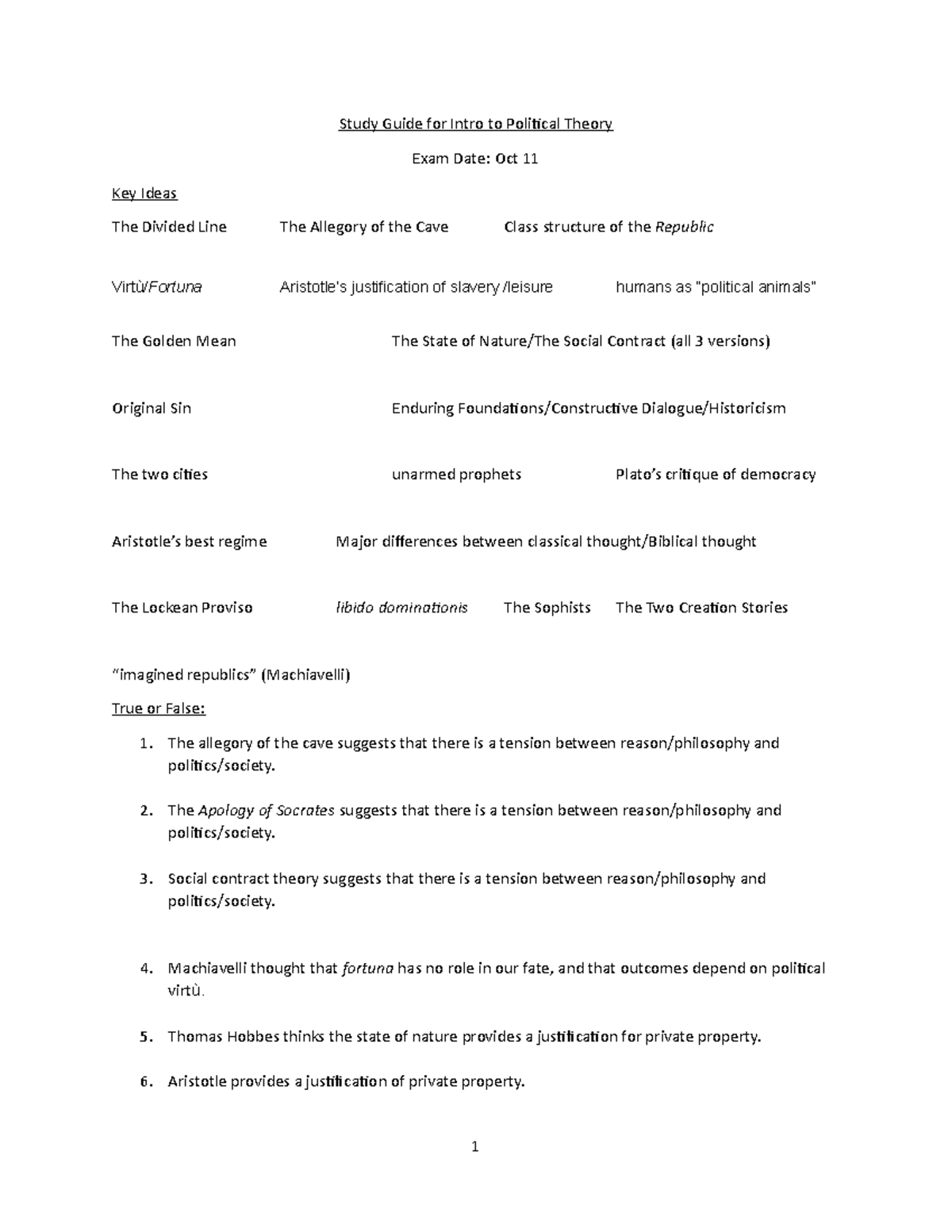 Study Guide for POT exam 1 Study Guide for Intro to Political Theory