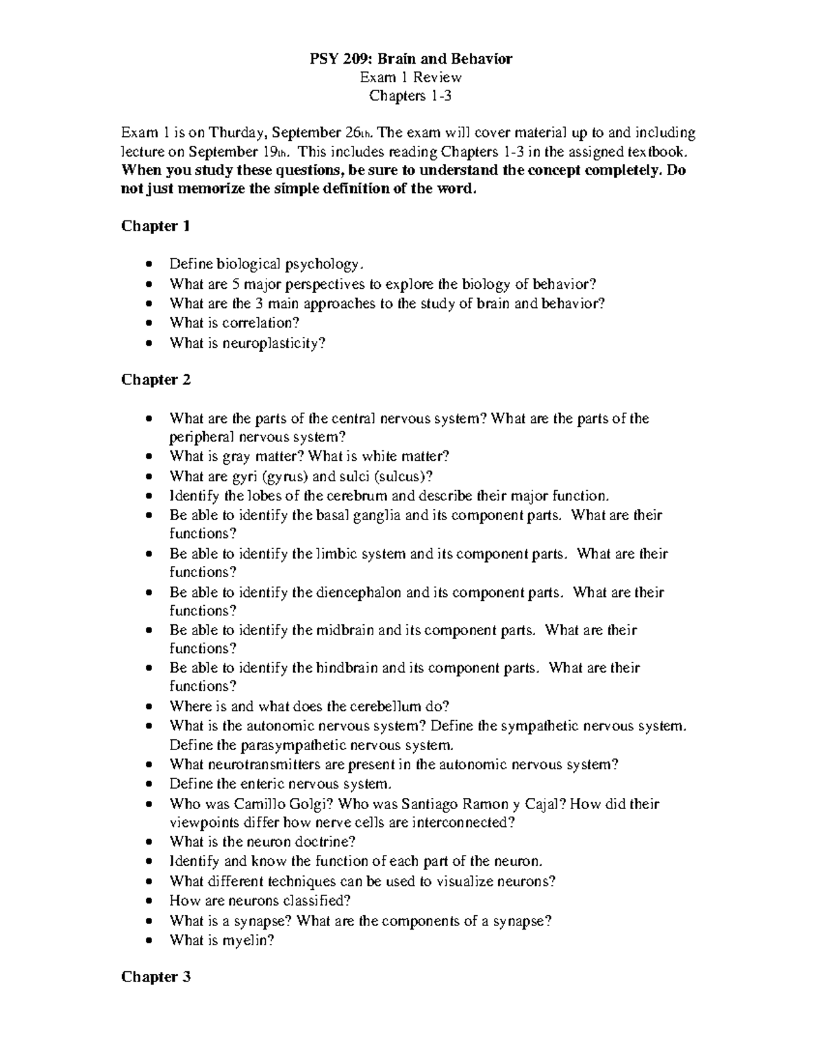 PSY 209 Study Guide - PSY 209: Brain and Behavior Exam 1 Review ...