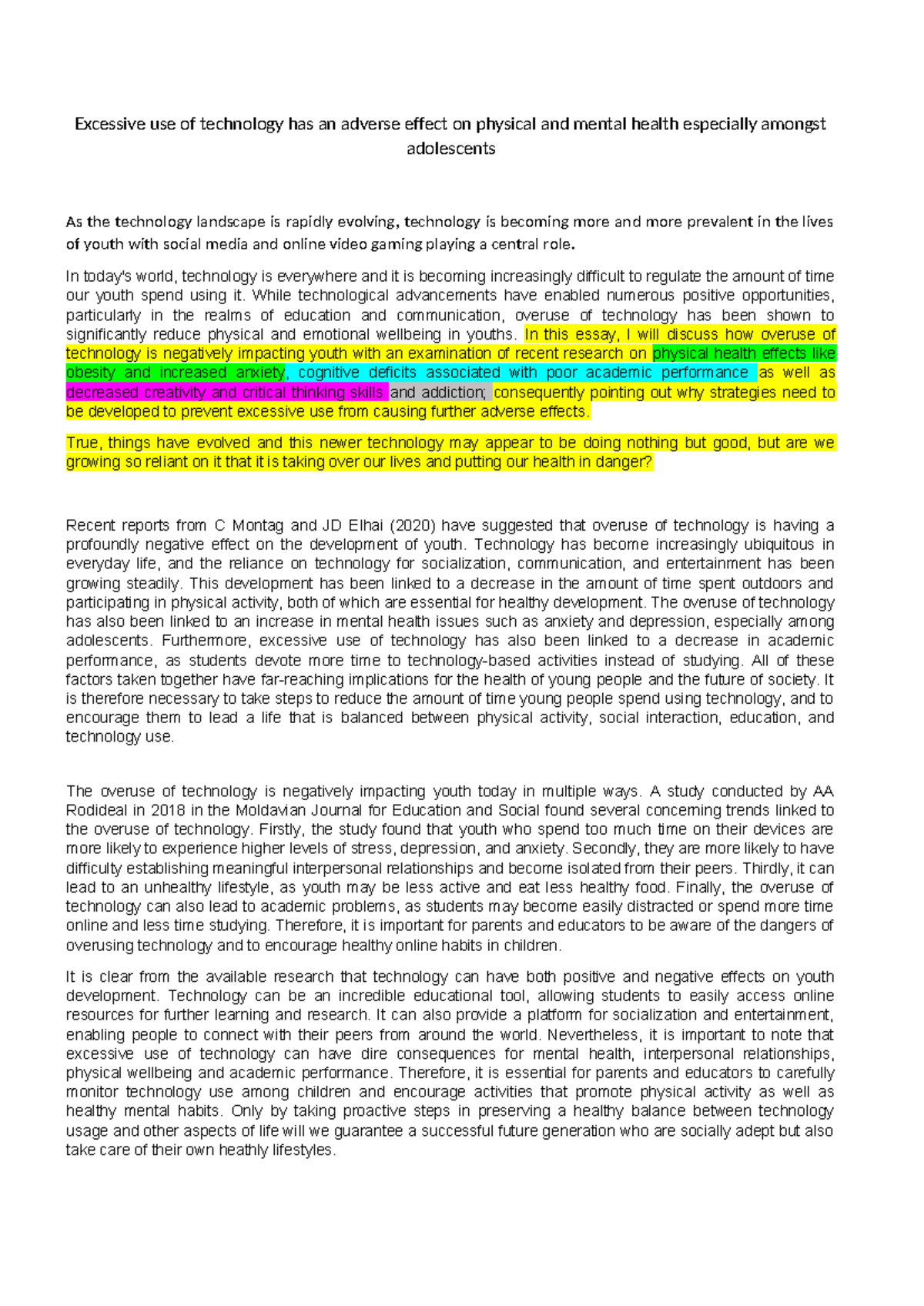 Persuasive notes - Excessive use of technology has an adverse effect on ...