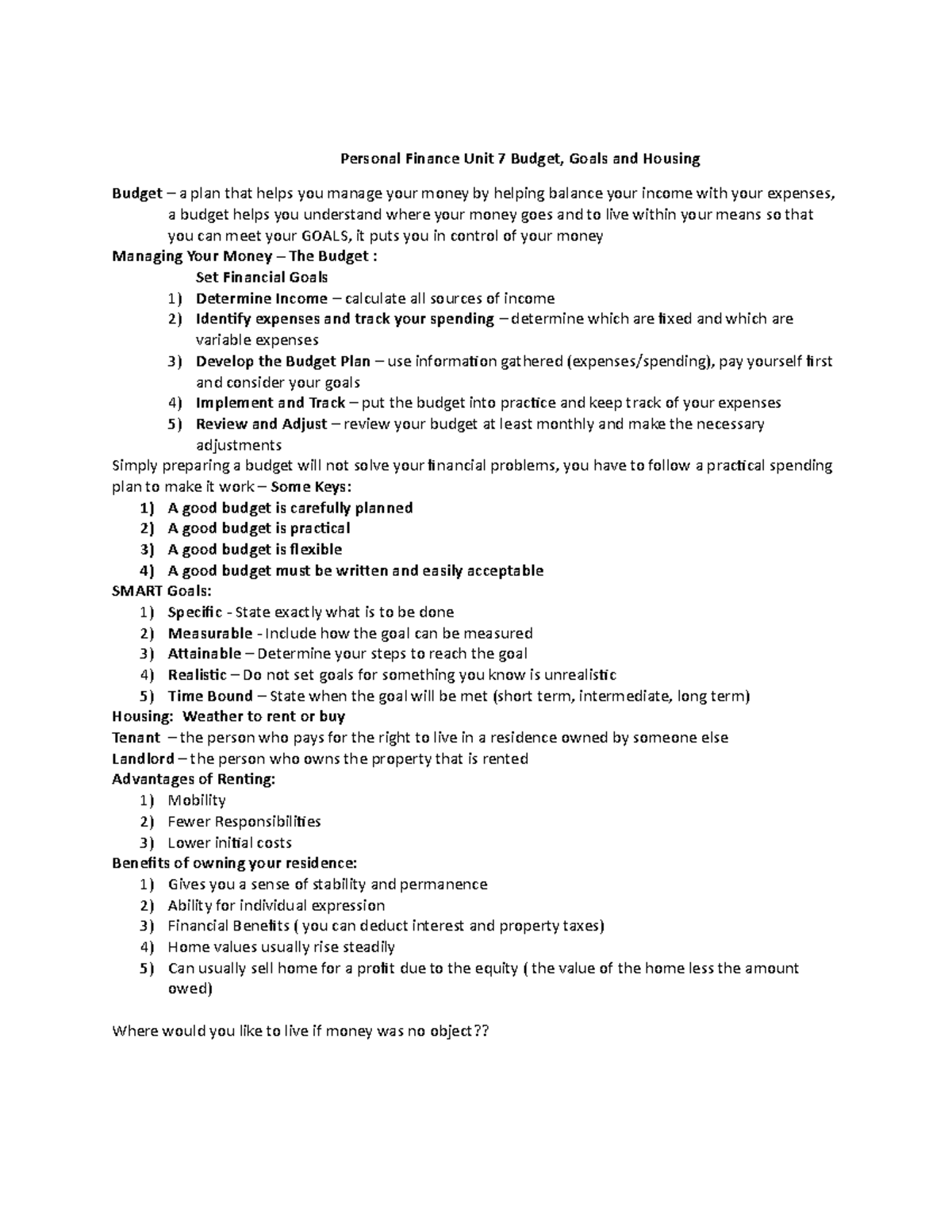 Personal+Finance+Review+Unit+7 - Personal Finance Unit 7 Budget, Goals ...